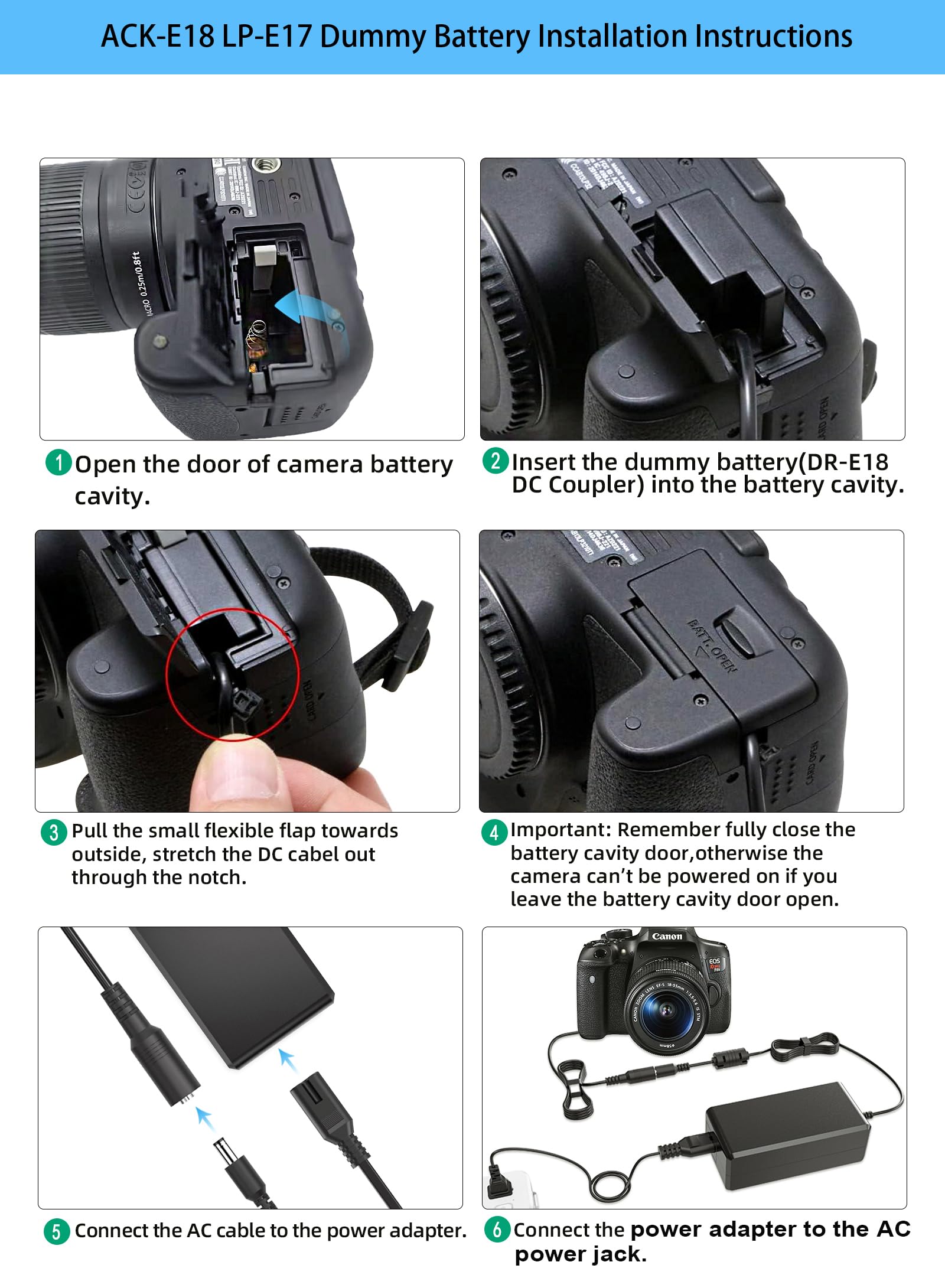 Tkdy For Canon R50 Dummy Battery Ack E18 Power Supply Dr E18 Lp E17 Dc Coupler Kit, For Canon Eos R50 R100 R8 R10 Rp, Rebel T6I T7I T8I T6S Sl3 Sl2 77D 800D Digital Cameras.