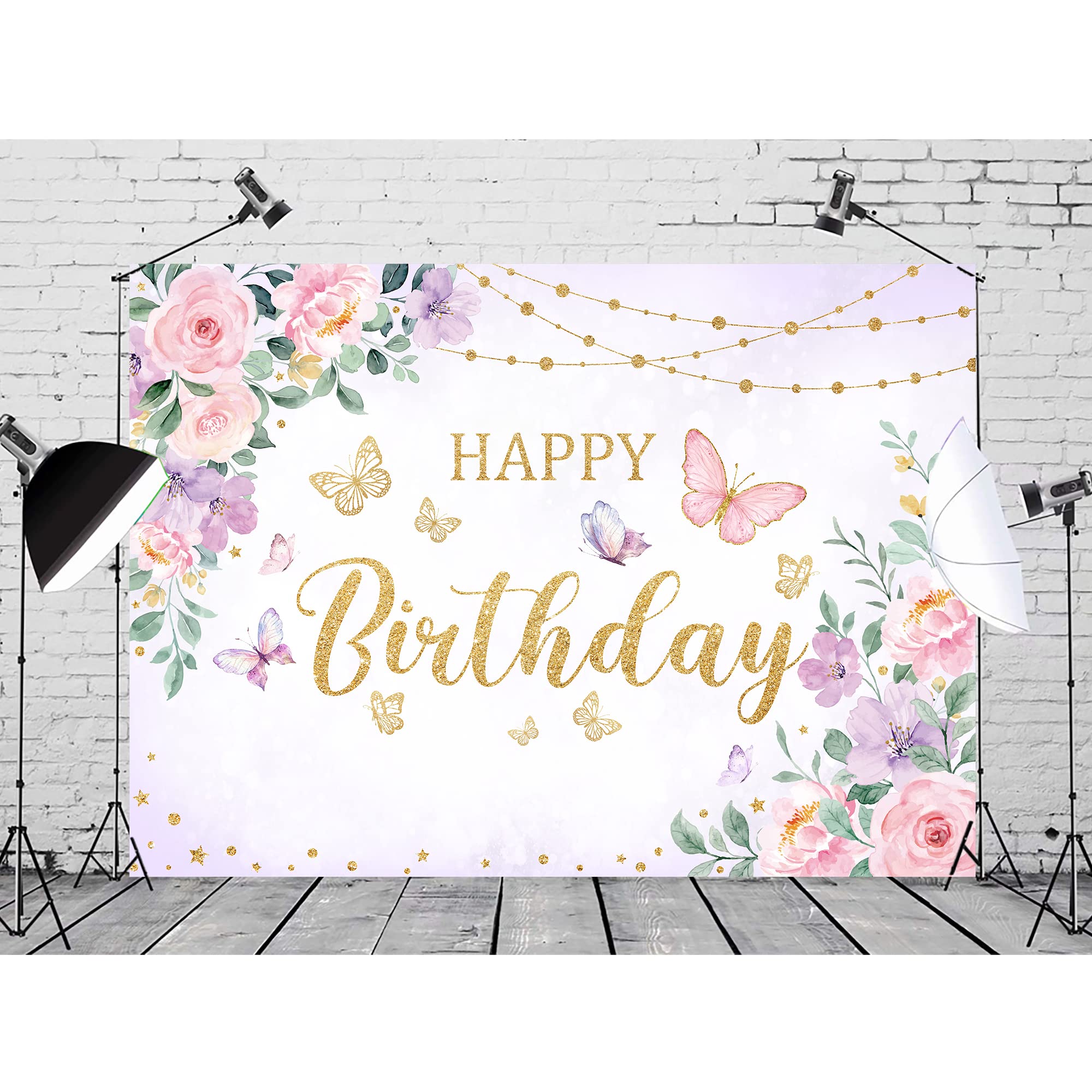Svbright Butterfly Floral Happy Birthday Backdrop 7Wx5H Cute Pink Purple Flower Blossom Plant Pastel Girls Gold Lovely Princess