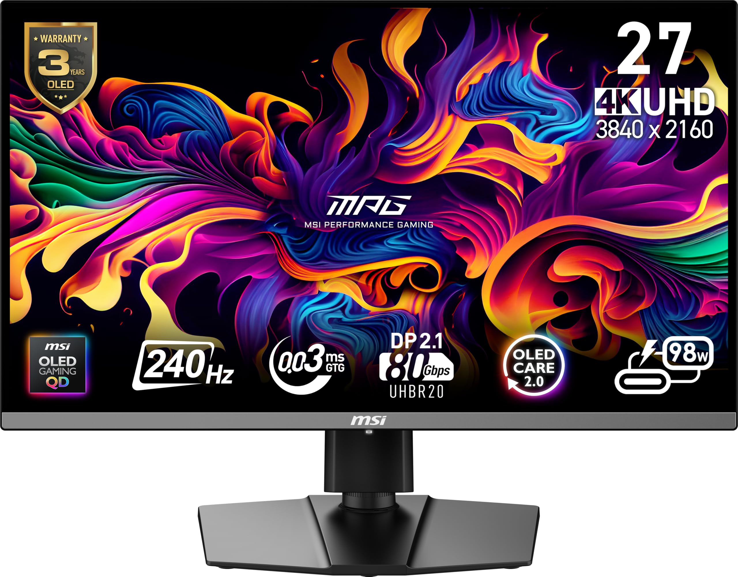 MSI MPG 272URX QD-OLED 27-inch 3840 x 2160 (UHD) Computer Monitor, 240Hz, Adaptive-Synch, HDMI, DP Port, VESA Mountable, Tilt, S
