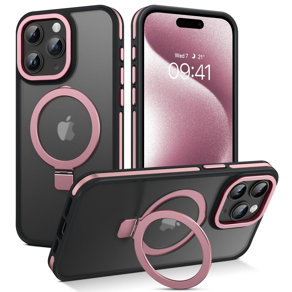 Veningo Iphone 15 Pro Max Case, Magnetic Slim Fit Magsafe Translucent Matte Car Mount Supported Foldable Ring Holder Kickstand S