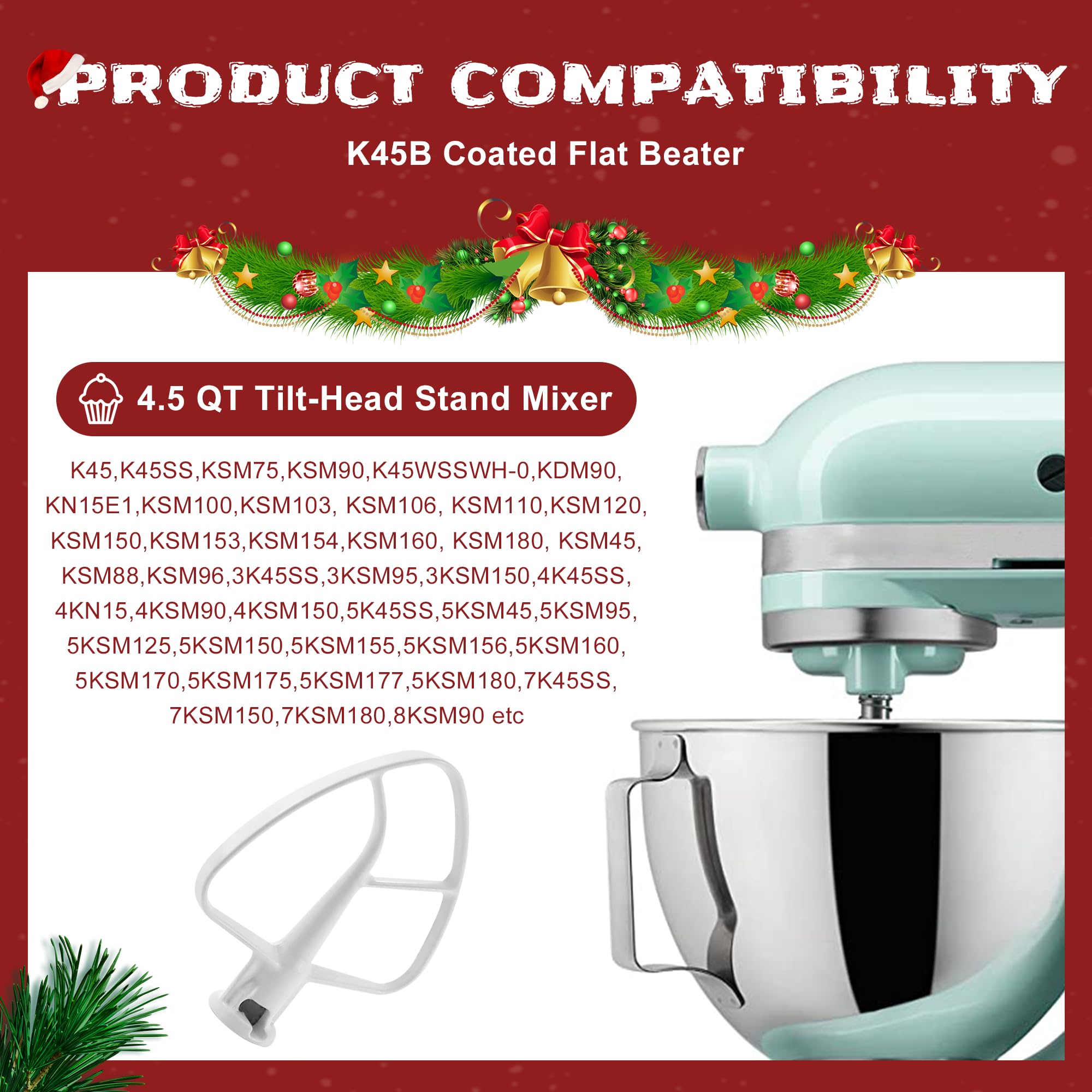 K45B Coated Flat Beater/Kitchen Mixer Paddle Attachment For Stand Mixer Perfectly Compatible For 4.5 Qt Tilt Head Stand Mixer,Fi