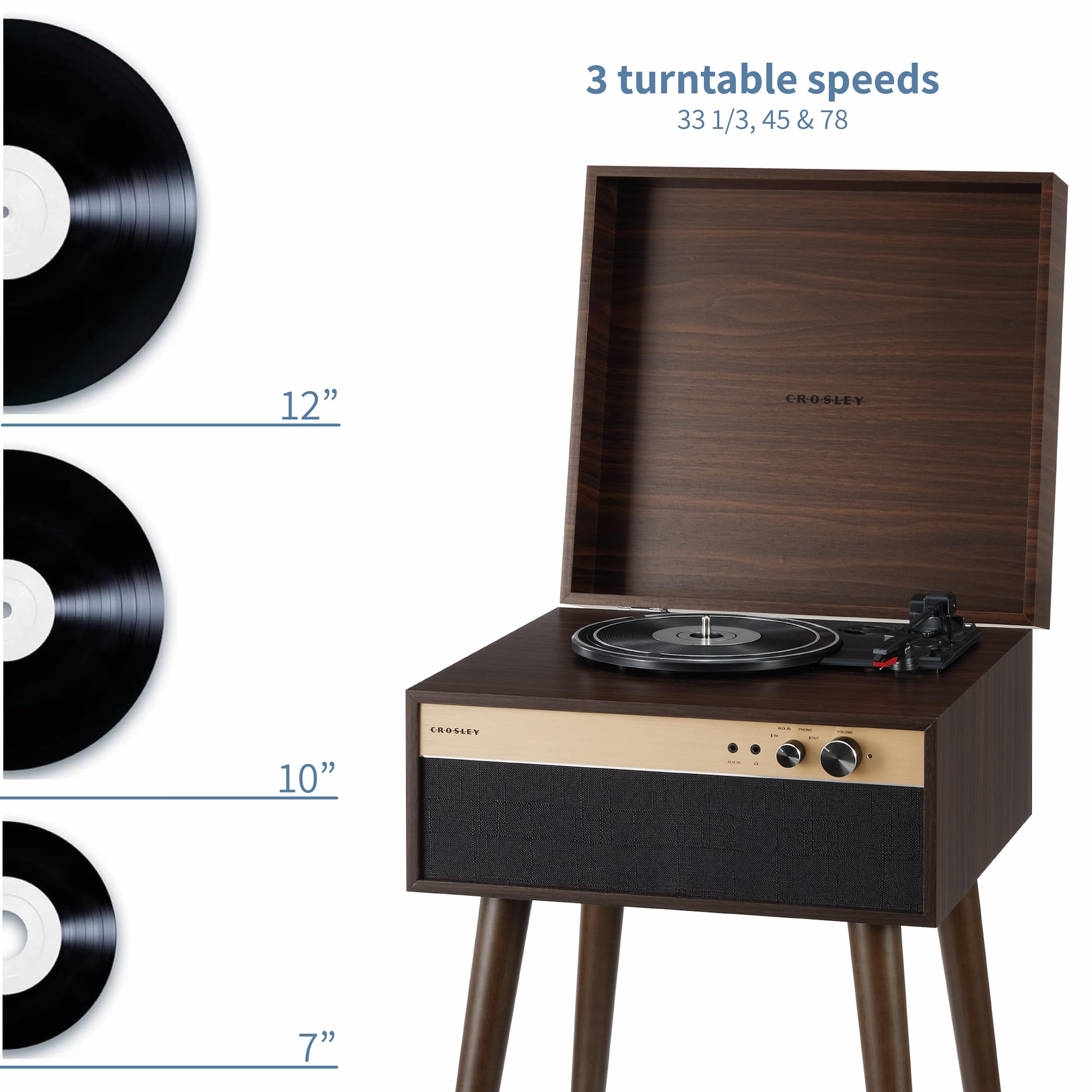 Crosley Cr6236A-Wa Jasper 3-Speed Bluetooth In/Out Vinyl Record Player Turntable With Built-In Speakers And Detachable Legs, Wal
