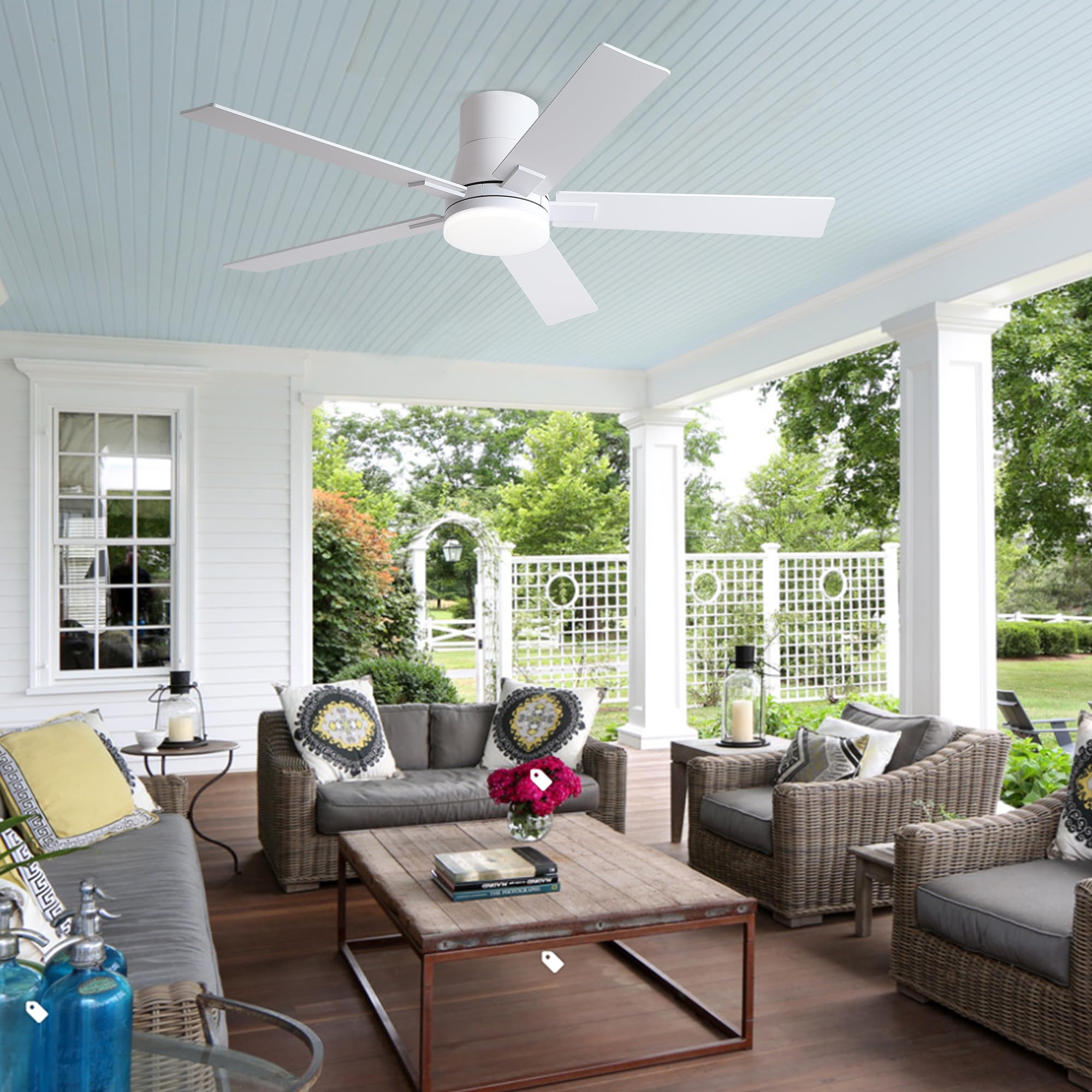 52 Inch Ceiling Fans With Lights And Remote,Flush Mount White Ceiling Fan With 5 Blades,6 Speed Reversible Dc Motor,3Cct Dimmabl