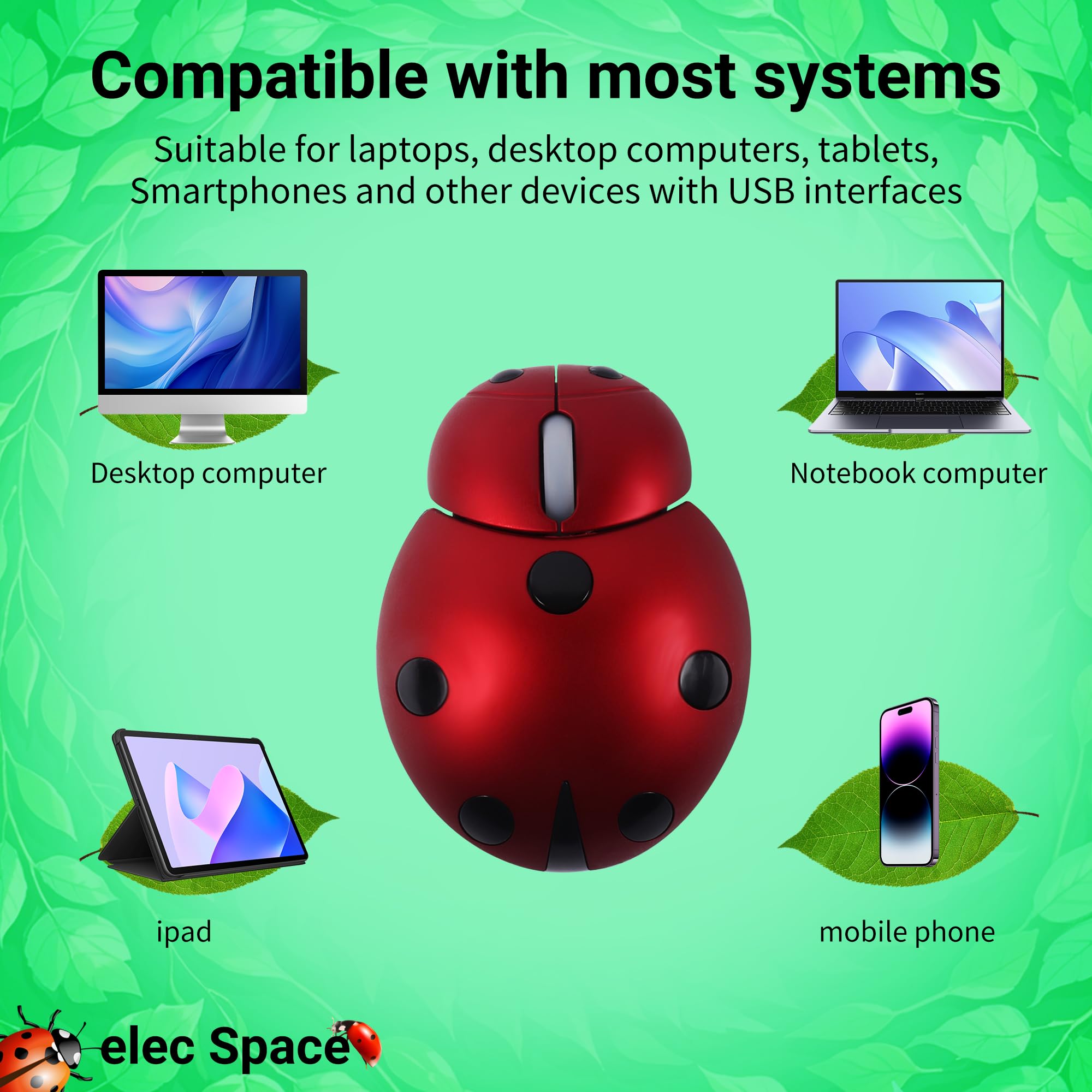 Elec Space Mini Small Wireless Mouse For Kids, Cute Animal Ladybug Shape 3000Dpi Portable Mobile Optical Mouse With Usb Receiver