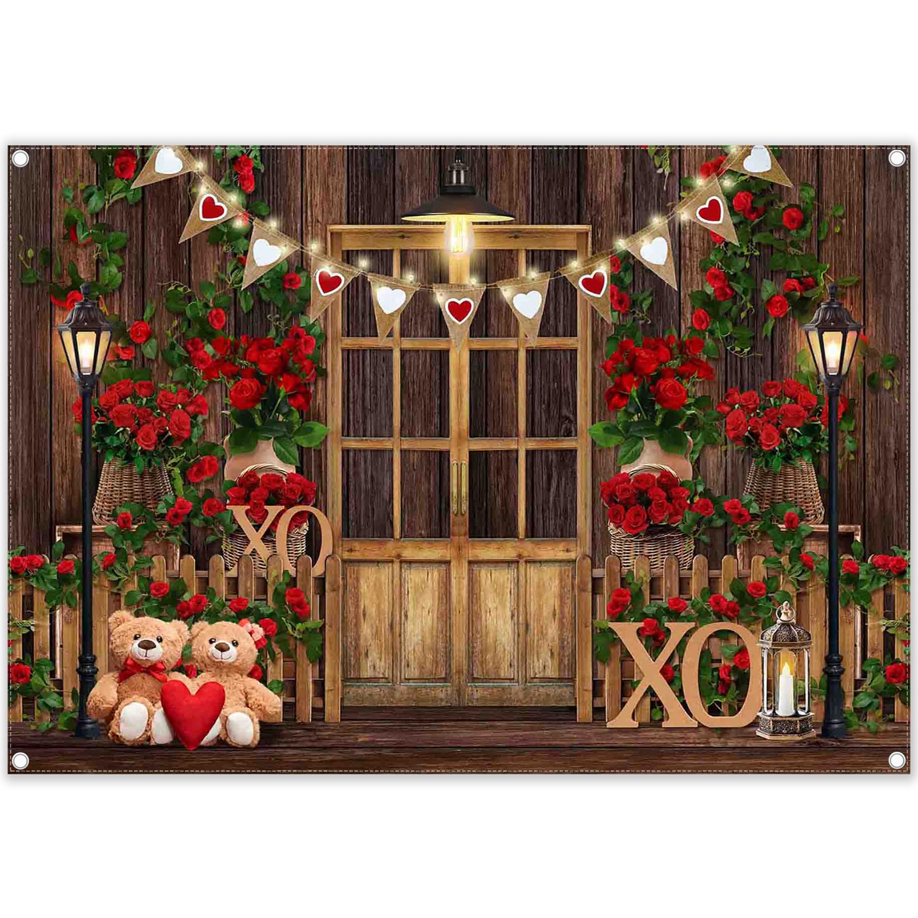YCUCUEI 7x5ft Fabric Valentines Day Polyester Photography Backdrop Barn Door Red Rose Wooden Background Heart Bear Love Romance