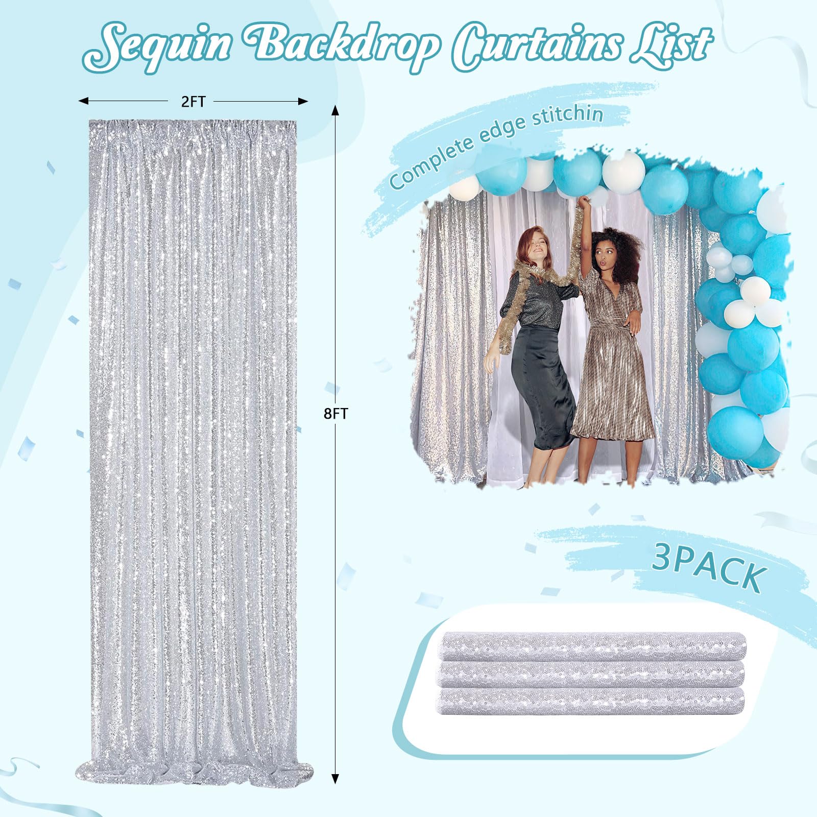 Silver Sequin Backdrop Party Decorations   3 Packs 2Ft X 8Ft Silver Photography Background Curtain For Christmas Birthday