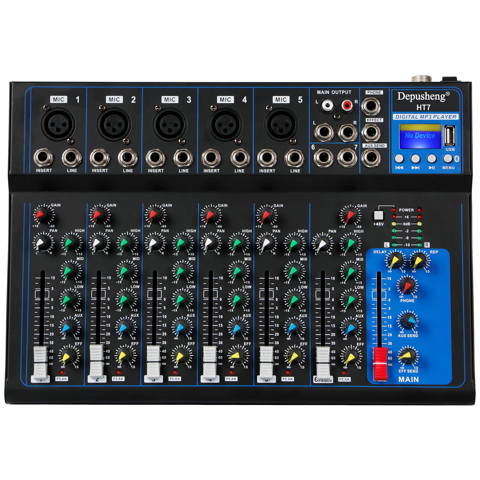 Depusheng HT7 Bluetooth Portable Audio Mixer w/USB DJ Sound Mixing Console MP3 Jack 48V Power for Computer Recording, 7-Channel 