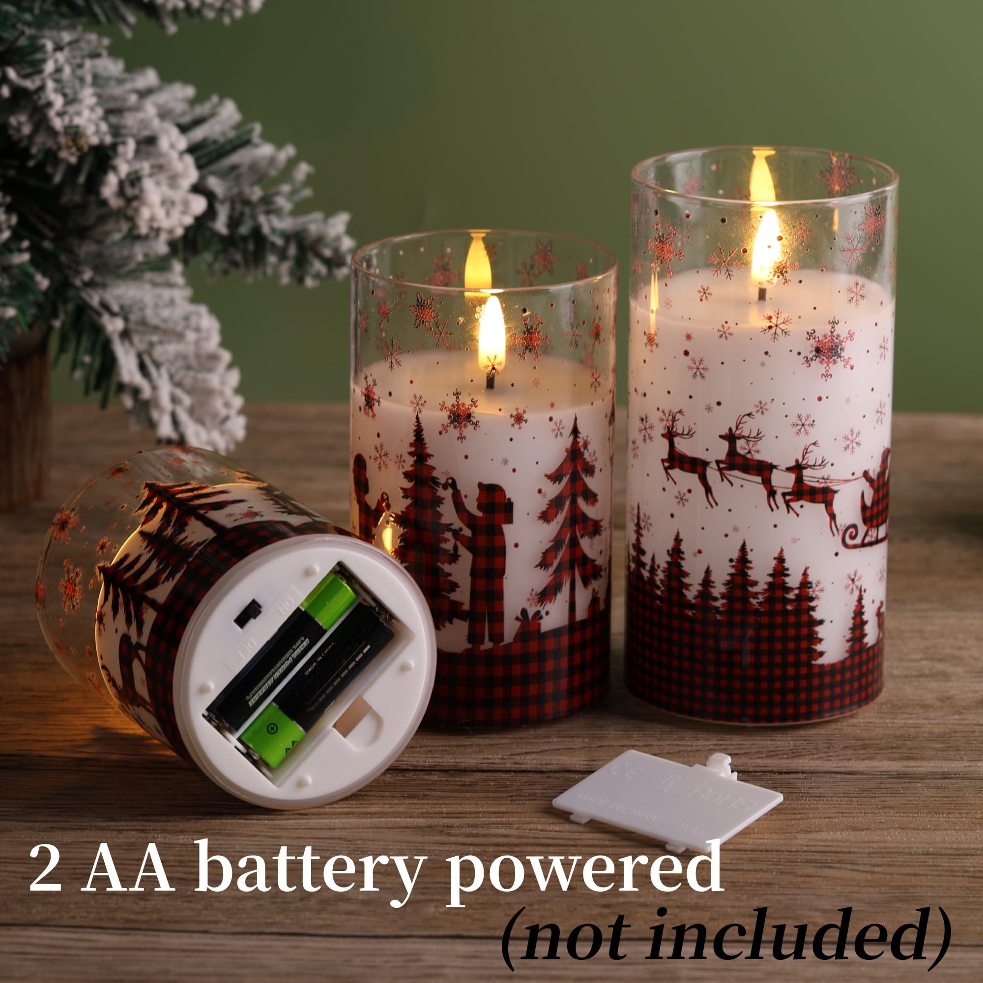 Eywamage Red Buffalo Plaid Christmas Flameless Candles With Remote, Flickering Led Pillar Candles In Glass Set Of 3