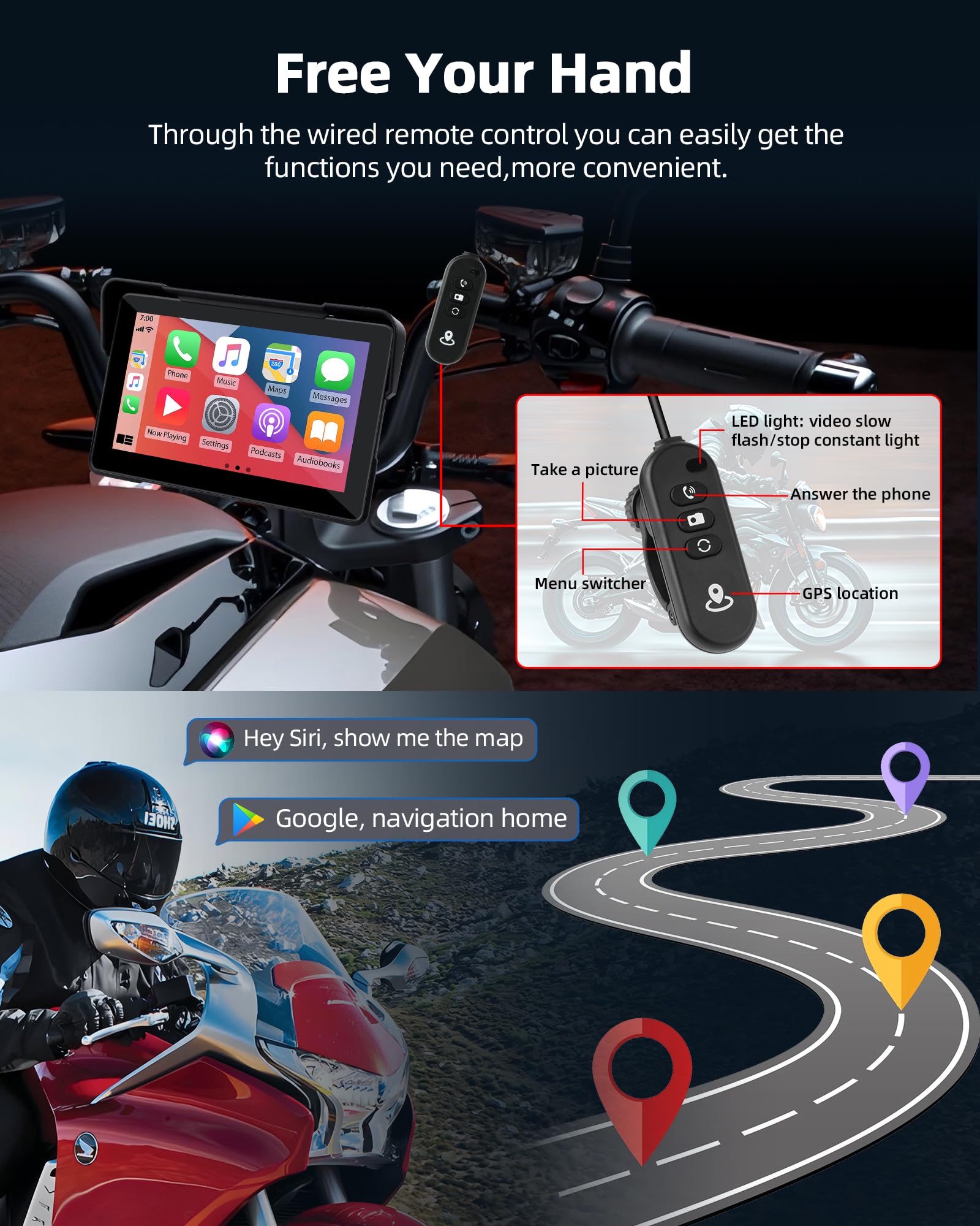 Motorcycle Carplay & Android Auto 7 Inch Motorcycle Dvr Wireless Carplay Screen For Moto With Dual 2K Cameras Gps Navigation For