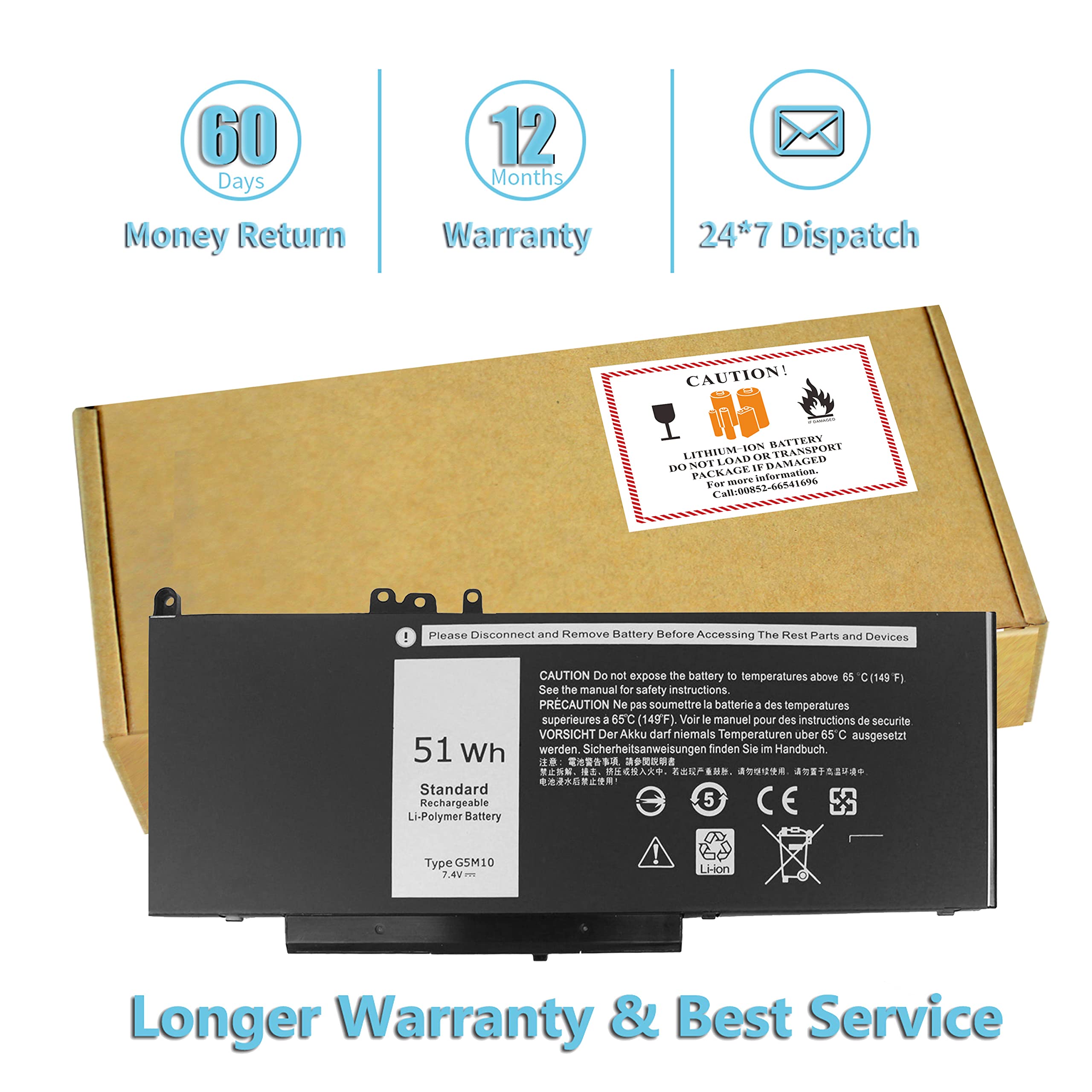 Bovekeey G5M10 Battery 7.4V 51Wh For Dell Latitude 14 15 E5450 E5550 E5250, 15.6 Inch, 8V5Gx R9Xm9 1Ky05 08V5Gx Vmkxm 5Xfwc Pf59