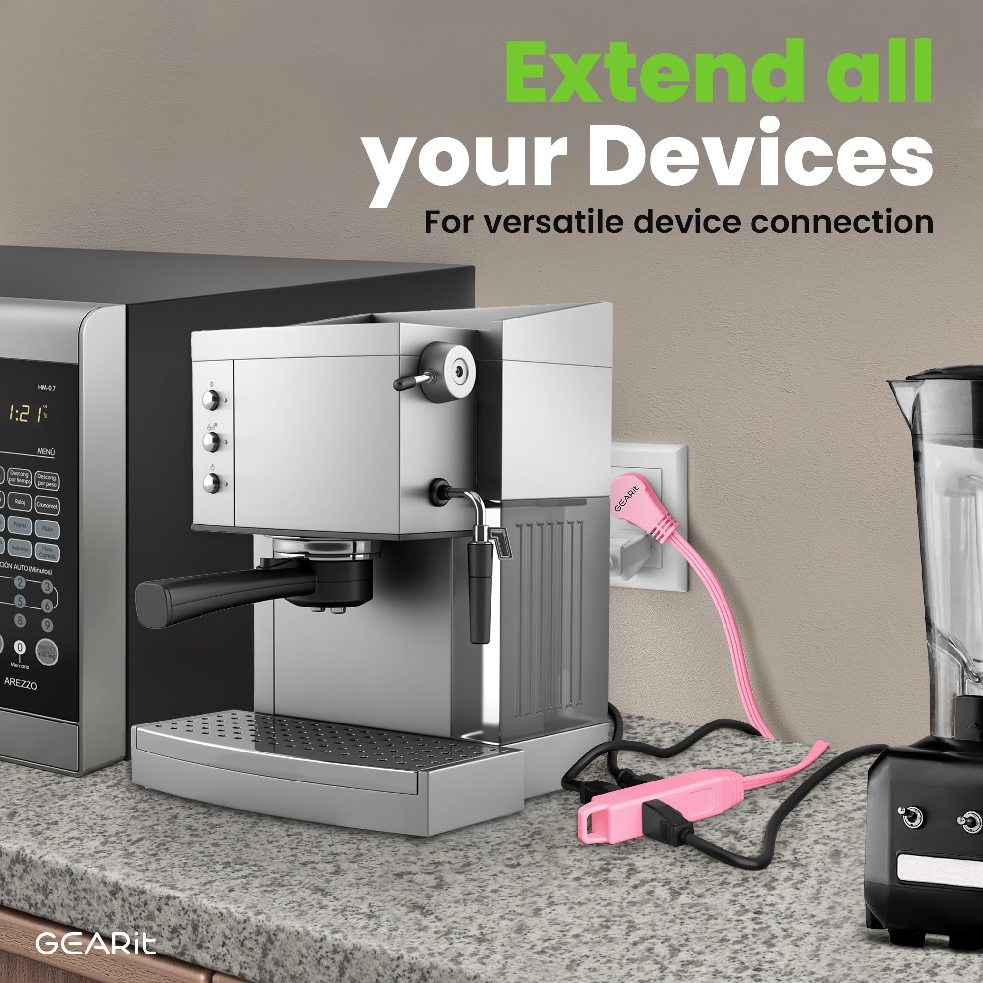 Gearit 360 Rotating Flat Plug Short Extension Cord With 3 Outlets (6Ft, Pink) 16Awg/13A 3 Prong Wire, Outlet Saver For Home Offi