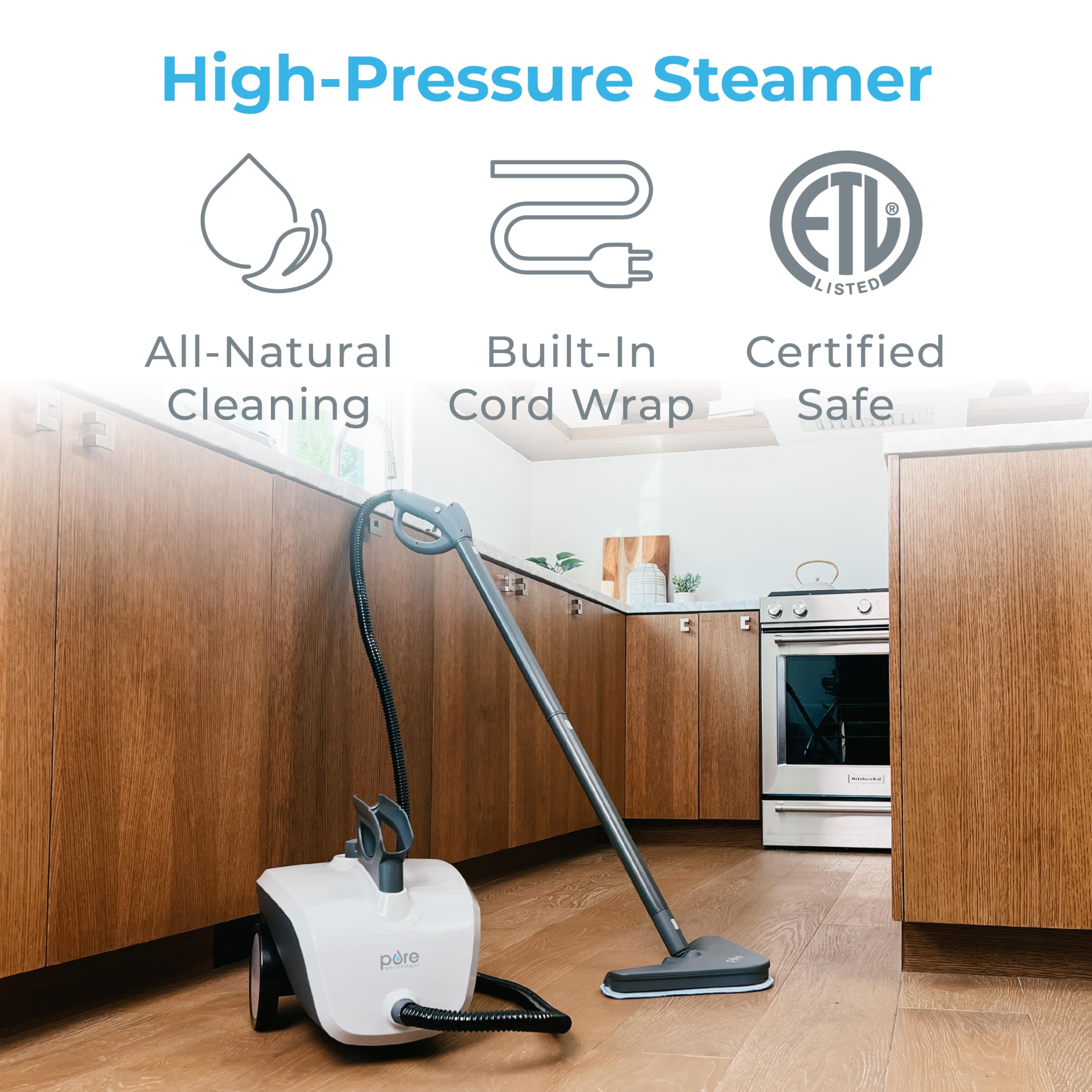 Pure Enrichment Pureclean Steam Cleaner With 17 Accessories, Multi Purpose Household Rolling Steamer For Chemical Free Deep Clea