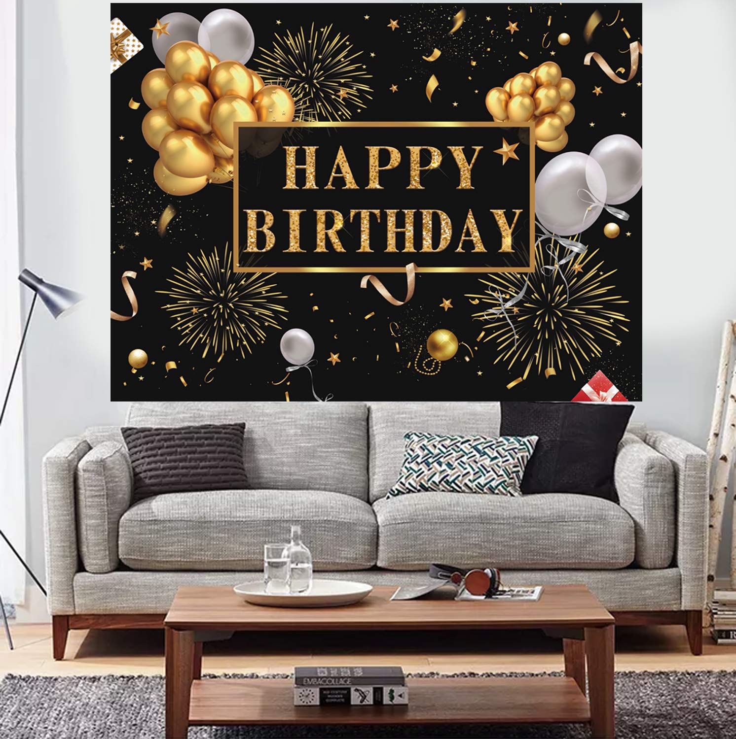 Saliyaa 7X5Ft Happy Birthday Backdrop Banner, Birthday Party Decor,Black Gold Poster Photo Booth Backdrop Background Banner For
