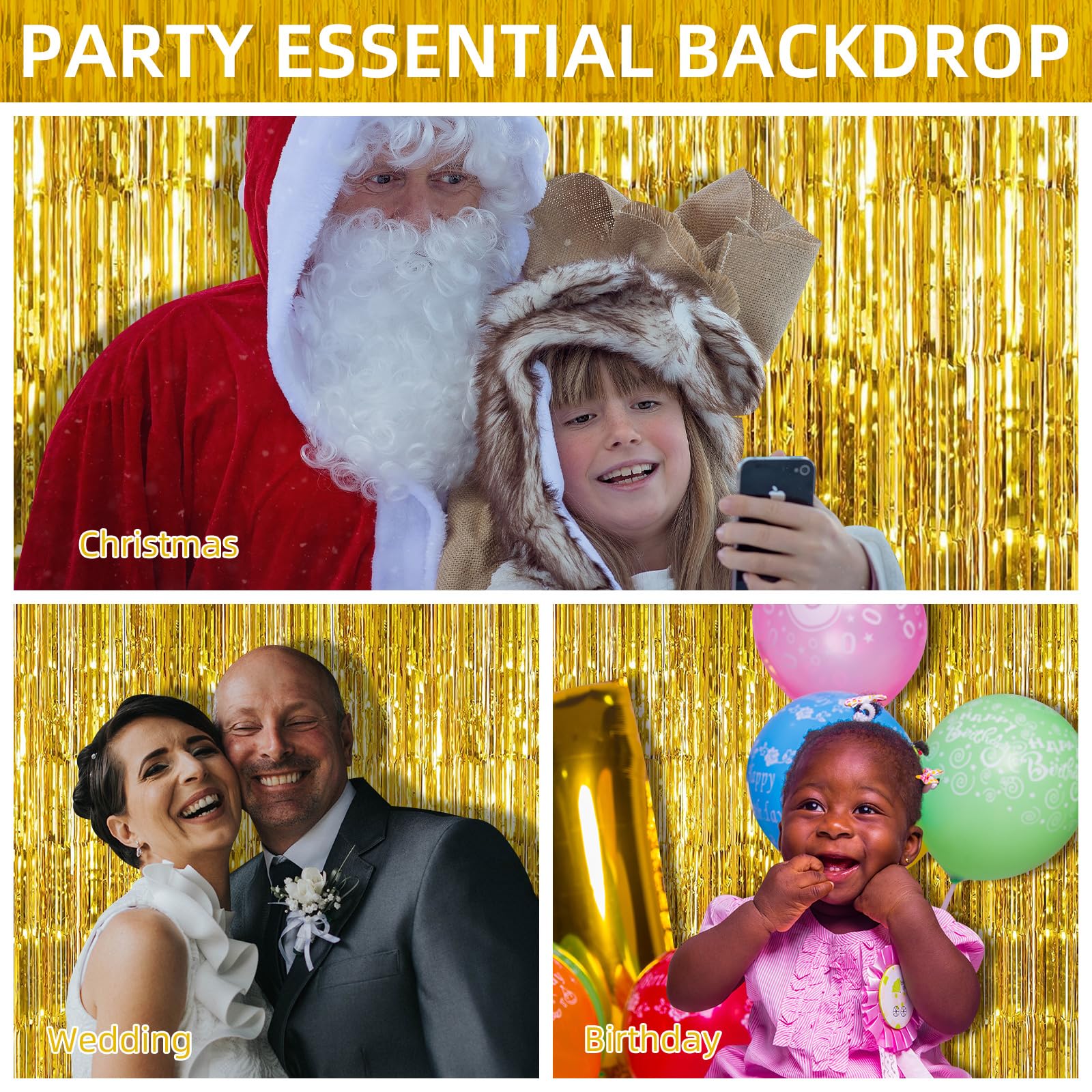 6 Pack Foil Fringe Backdrop Curtains, 3.28 X 8.2 Ft Gold Tinsel Streamers Metallic Tinsel Foil Fringe Curtains Photo Booth Backd