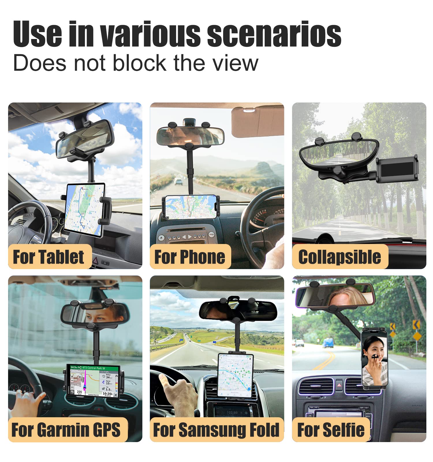 Charchendo Tablet Phone Mount For Car Rear View Mirror Fits 4 13'' Devices, 360 Retractable Rearview Mirror Phone Holder Anti Sh