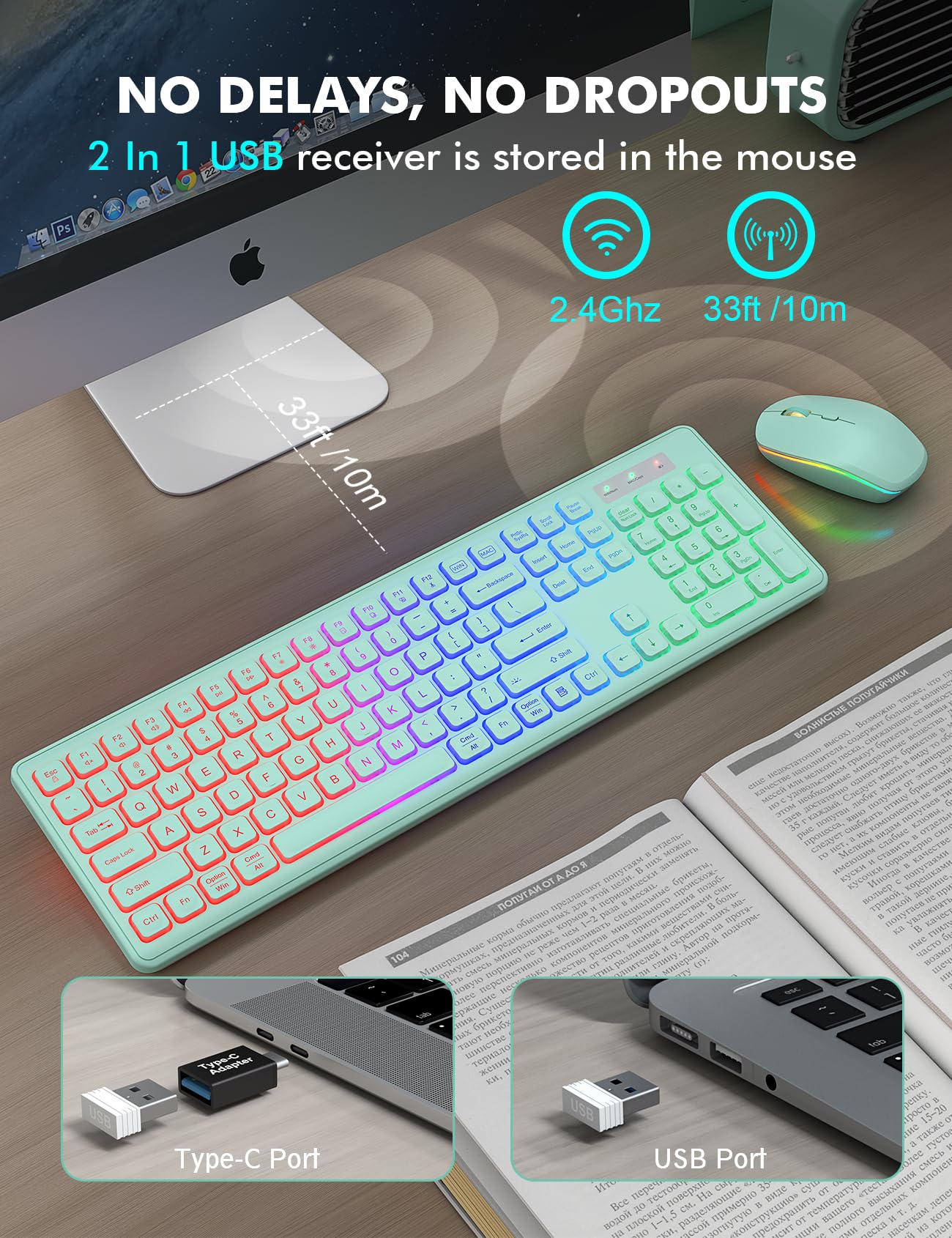 Wireless Keyboard And Mouse Combo   Rgb Backlit, Rechargeable & Light Up Letters, Full Size, Ergonomic Tilt Angle, Sleep Mode, 2.4Ghz Quiet Keyboard Mouse For Mac, Windows, Laptop, Pc, Mint Green
