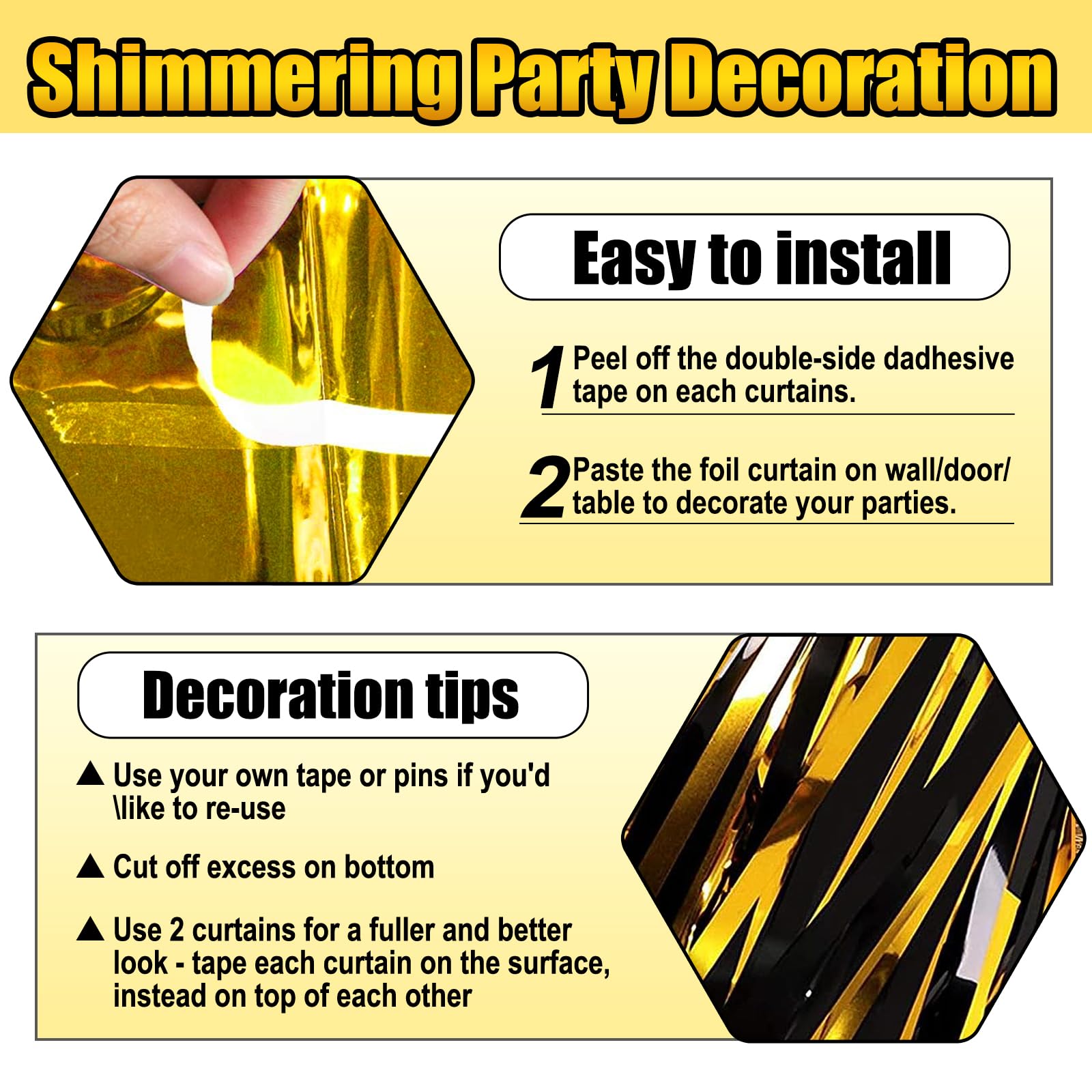 3 Pack Black Gold Foil Fringe Curtain Backdrop, 3.28Ft X 8.2Ft Metallic Tinsel Foil Fringe Streamer Curtains For Photo Booth, Ch