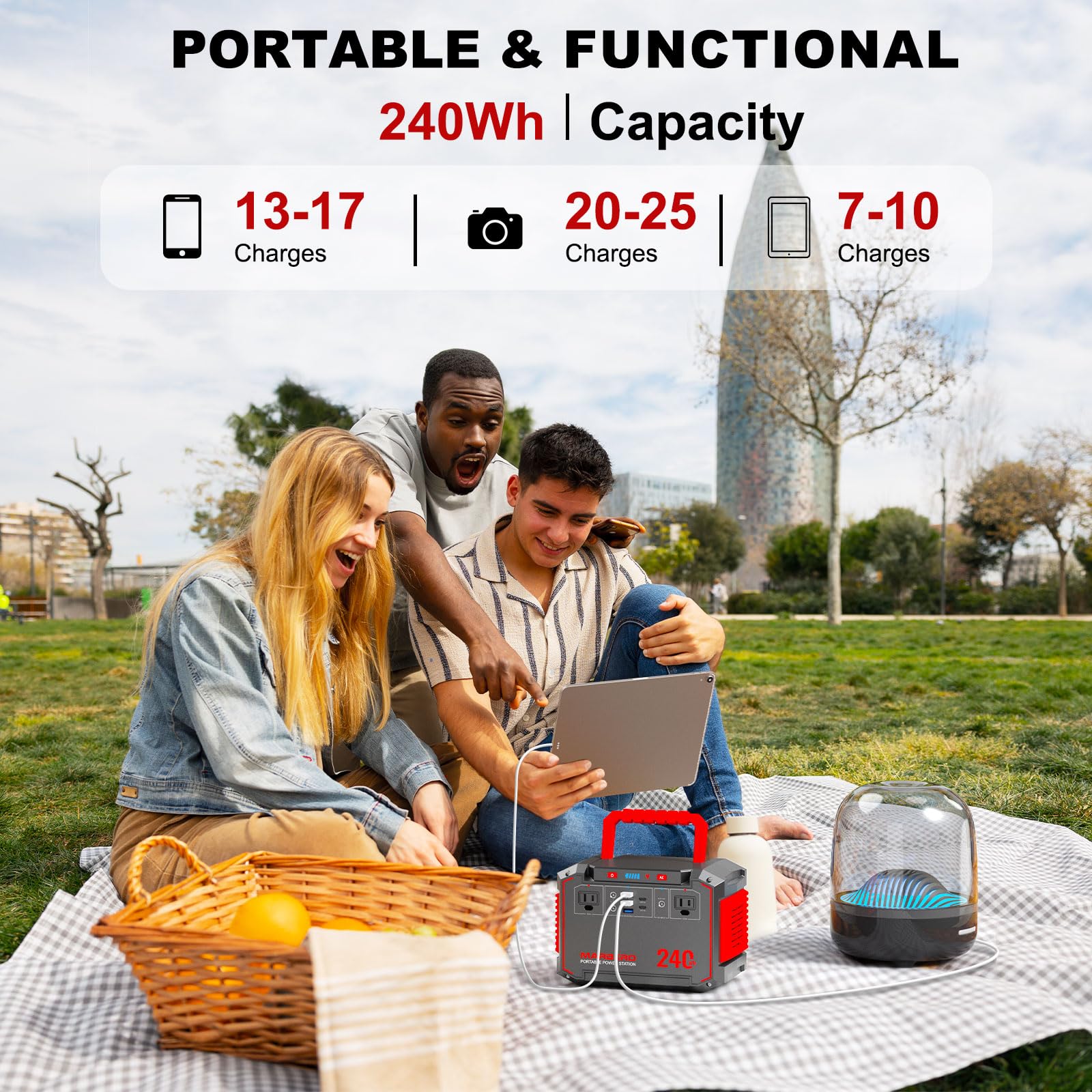 Marbero Portable Power Station 240Wh 350W Peak Camping Portable Power Bank With Ac Outlet 110V(3*Usb A, 2*Usb C, 2*Ac,2*Dc) Sola