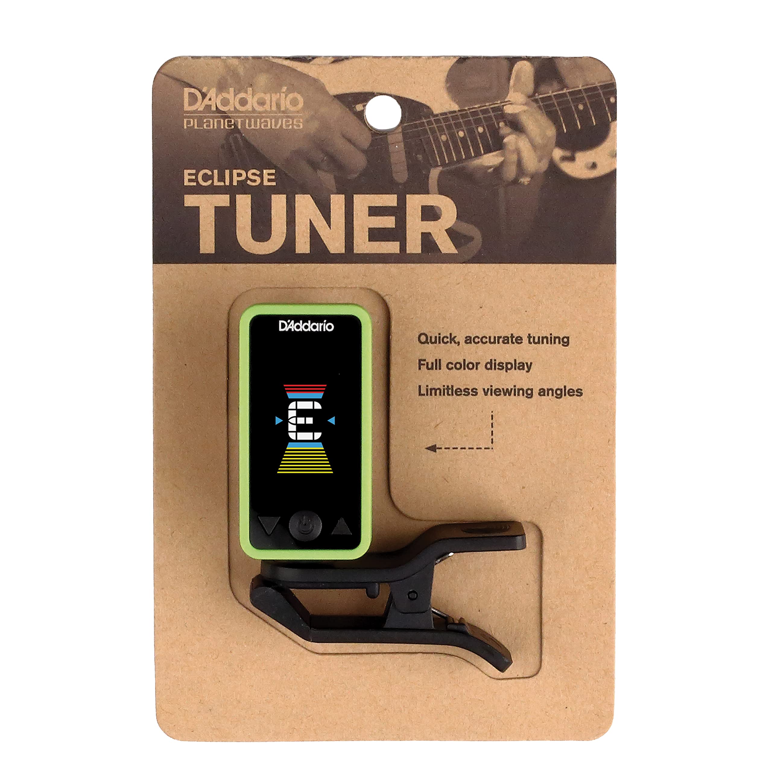 D'Addario Accessories Guitar Tuner   Eclipse Headstock Tuner   Clip On Tuner For Guitar   Great For Acoustic Guitars & Electric Guitars   Quick & Accurate Tuning   Green