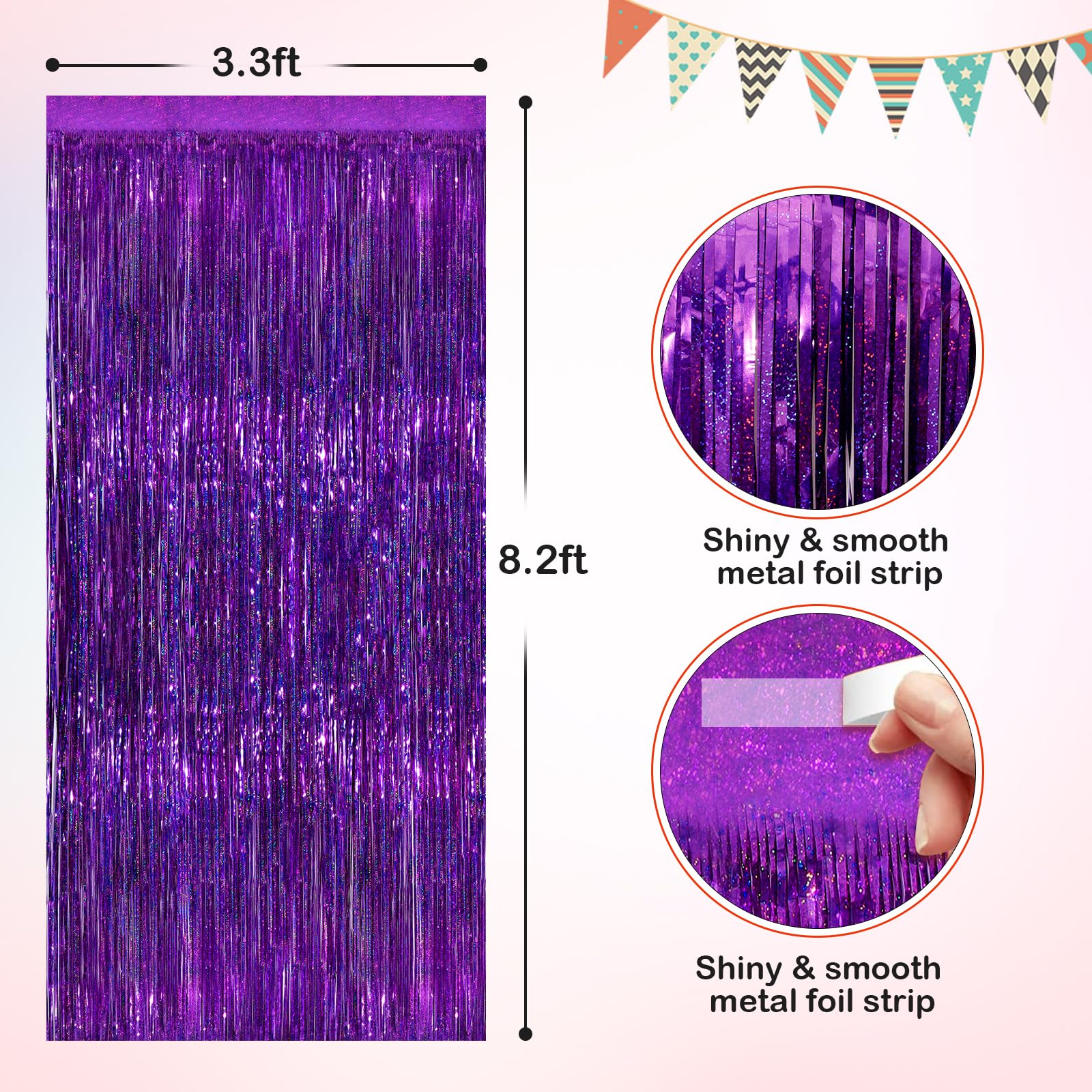 Purple Metallic Tinsel Foil Fringe Curtains, 2 Pack 3.3X8.3 Feet Party Streamer For Birthday Party Decorations, Halloween Decor,