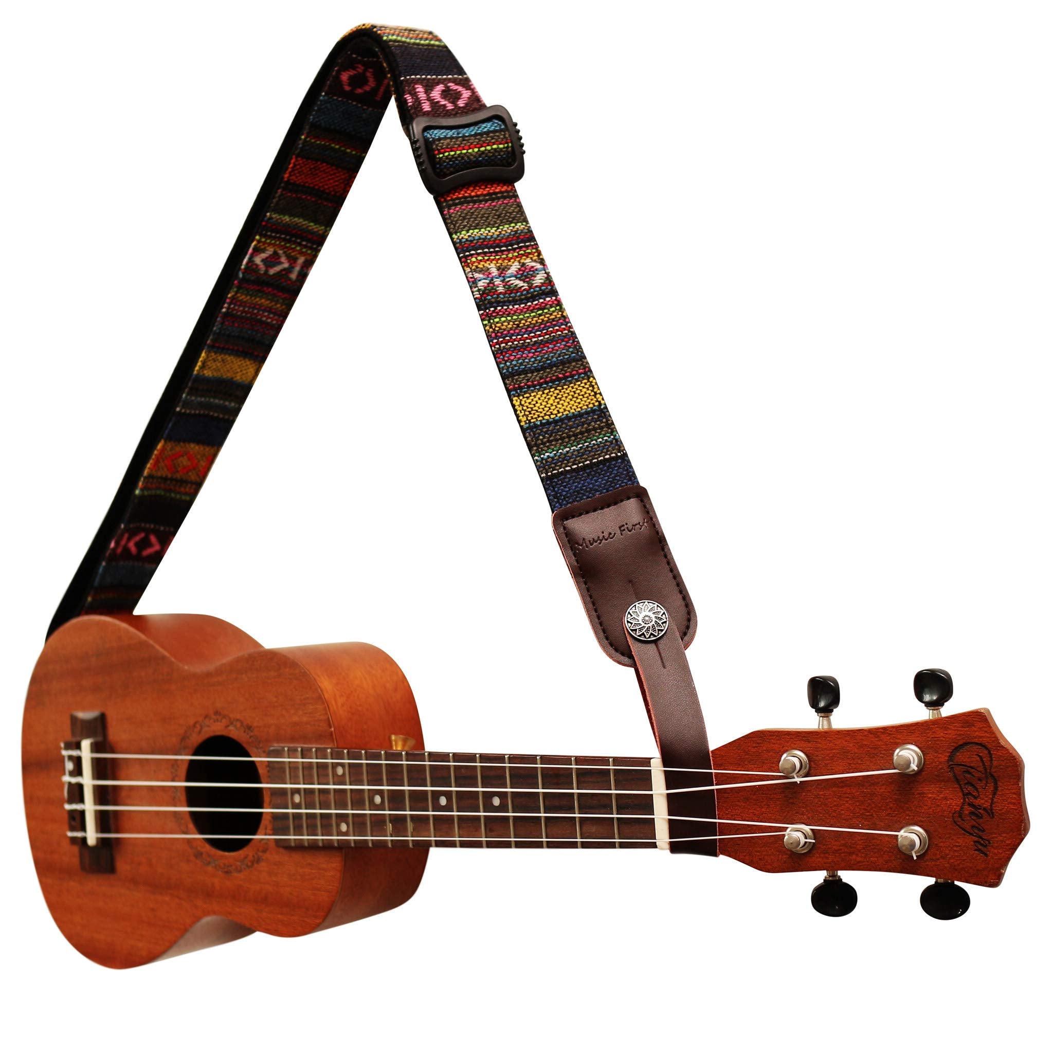 Music First Classic Country Style Soft Yarn-Dyed Fabric & Genuine Leather Ukulele Strap Ukulele Shoulder Strap Version 2.0 With