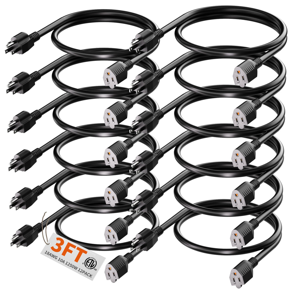 Huanchain 12 Pack Of 3Ft Black Outdoor Extension Cord 18/3 Gauge Waterproof, Cold Weatherproof  58F, Flame Retardant, Flexible 3