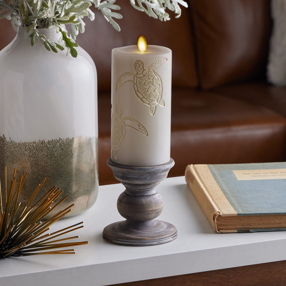 Luminara Grey Flameless Led Candle With Debossed Sea Turtle Moving Flame Pillar (3'' X 6.5''), Unscented Real Wax With Recessed 