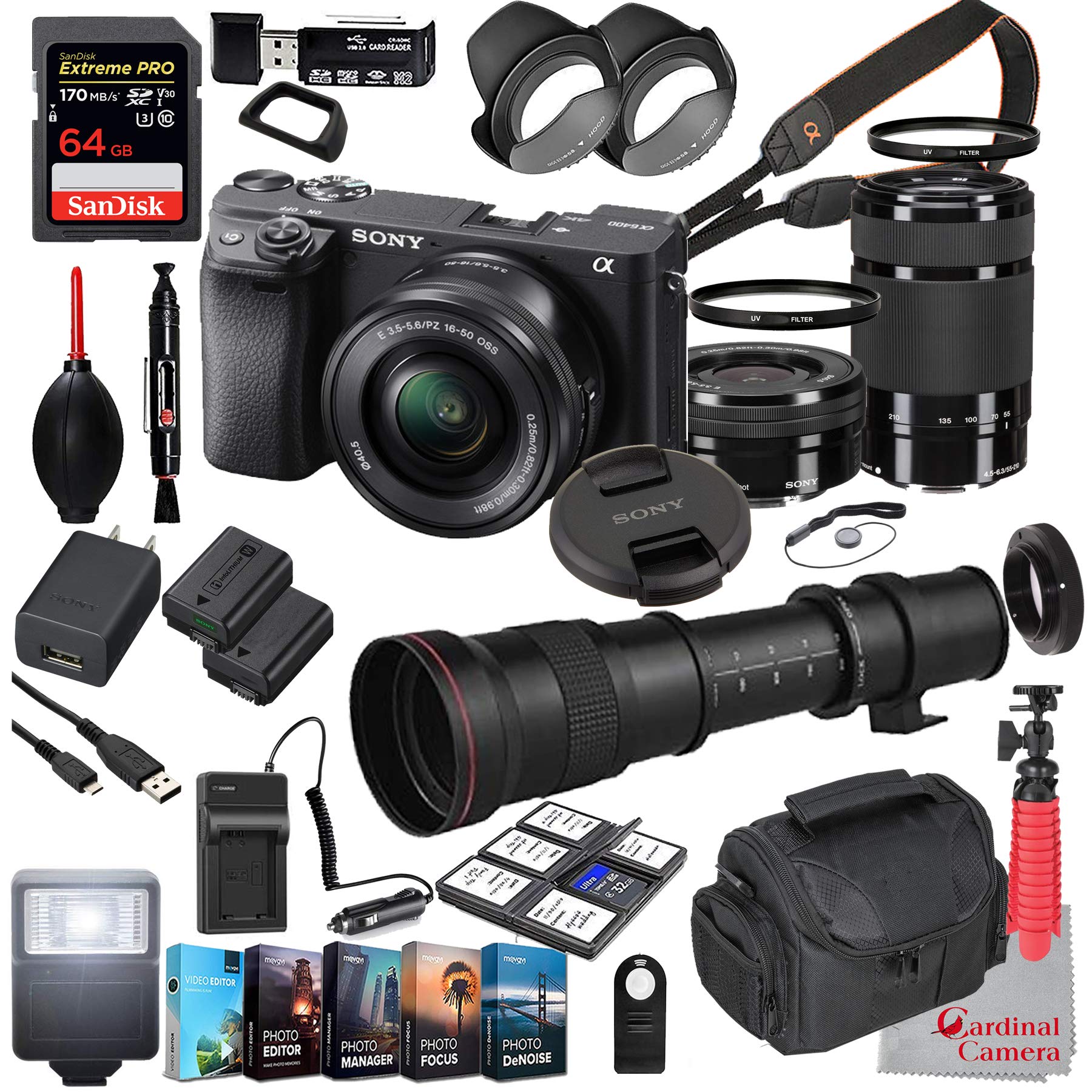 Sony Alpha a6400 Mirrorless Camera with 16-50mm and 55-210mm Lenses Bundle + Extreme Speed 64GB Memory + T-Mount 420-800mm Telep