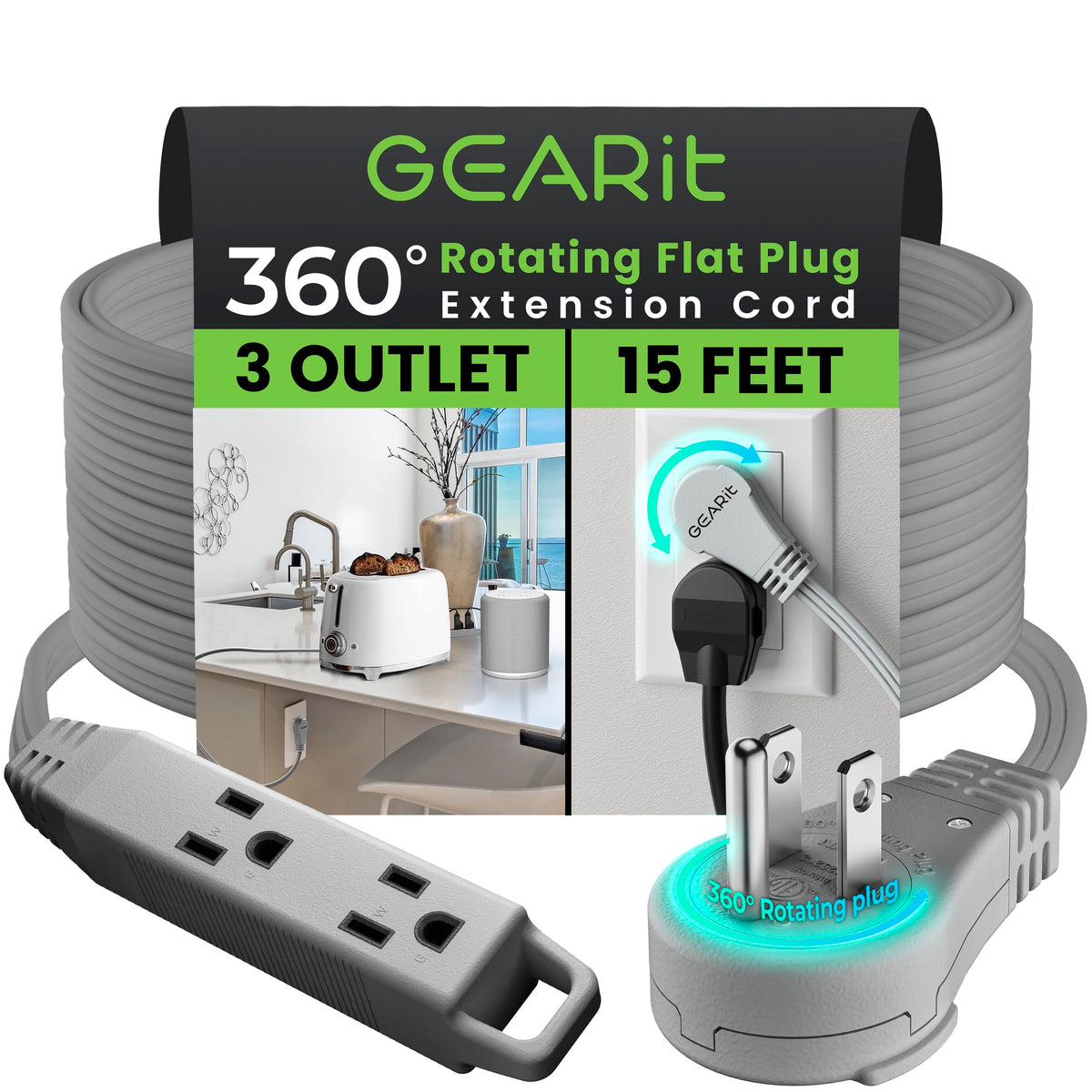 Gearit 360 Rotating Flat Plug Extension Cord With 3 Outlets (15Ft, Gray) 16Awg/13A 3 Prong Wire, Outlet Saver For Home Office Do