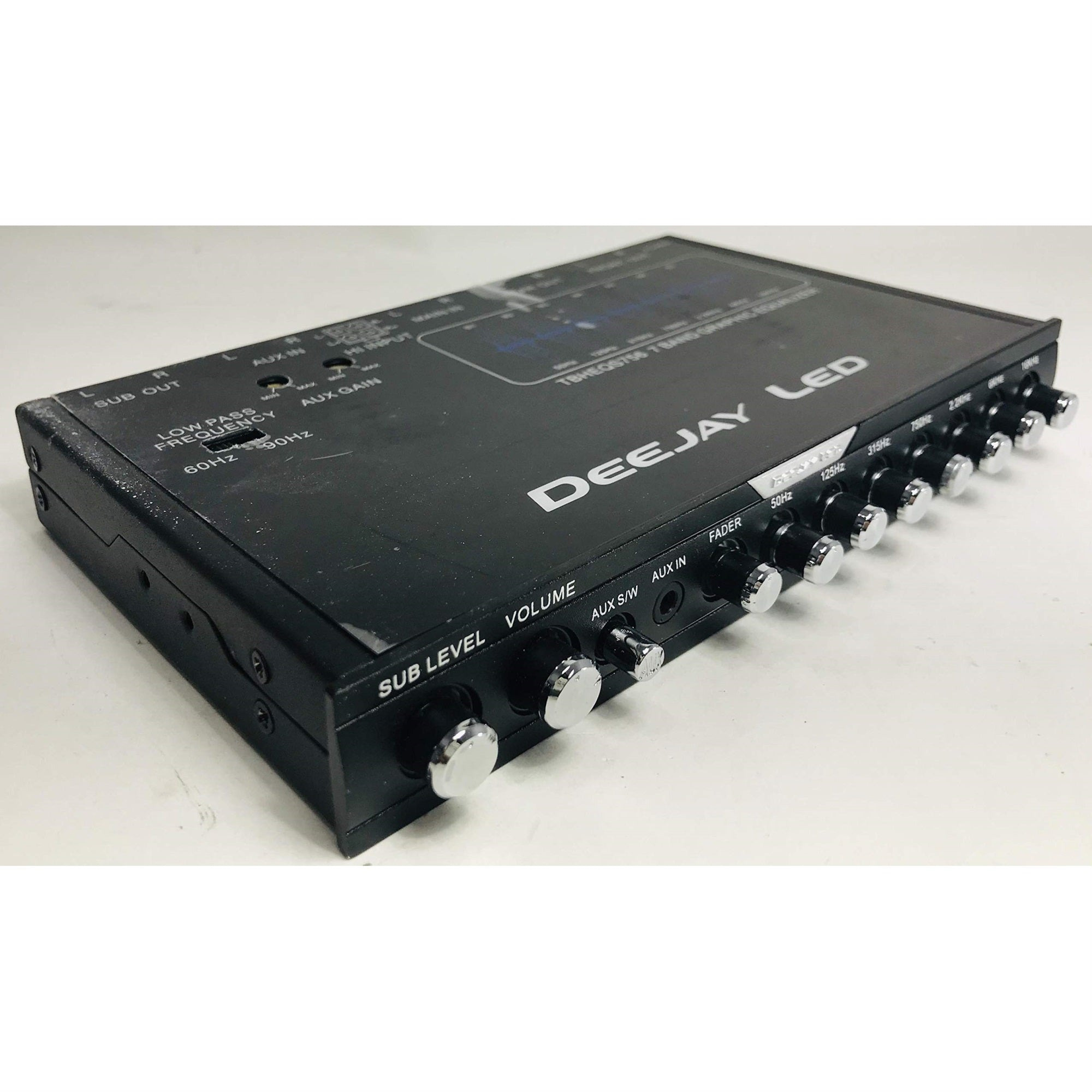 Single Din Size Seven Band Slim Car Equalizer withSub Level Fader and front panel Aux-in