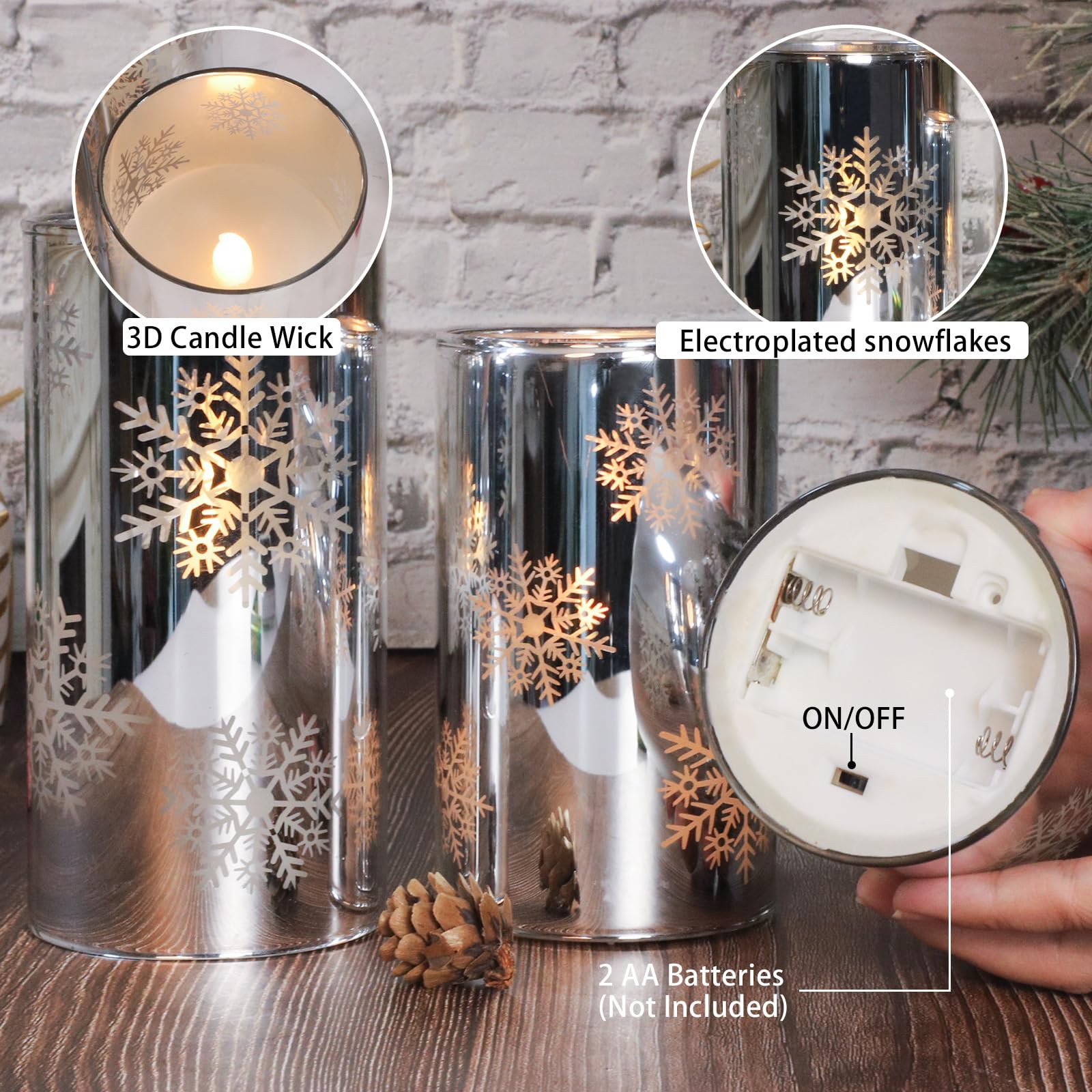 Crystal Club Christmas Flameless Candles With Remote, Set Of 3, Snowflake Plating Battery Operated Led Candles, Glass Effect Pil