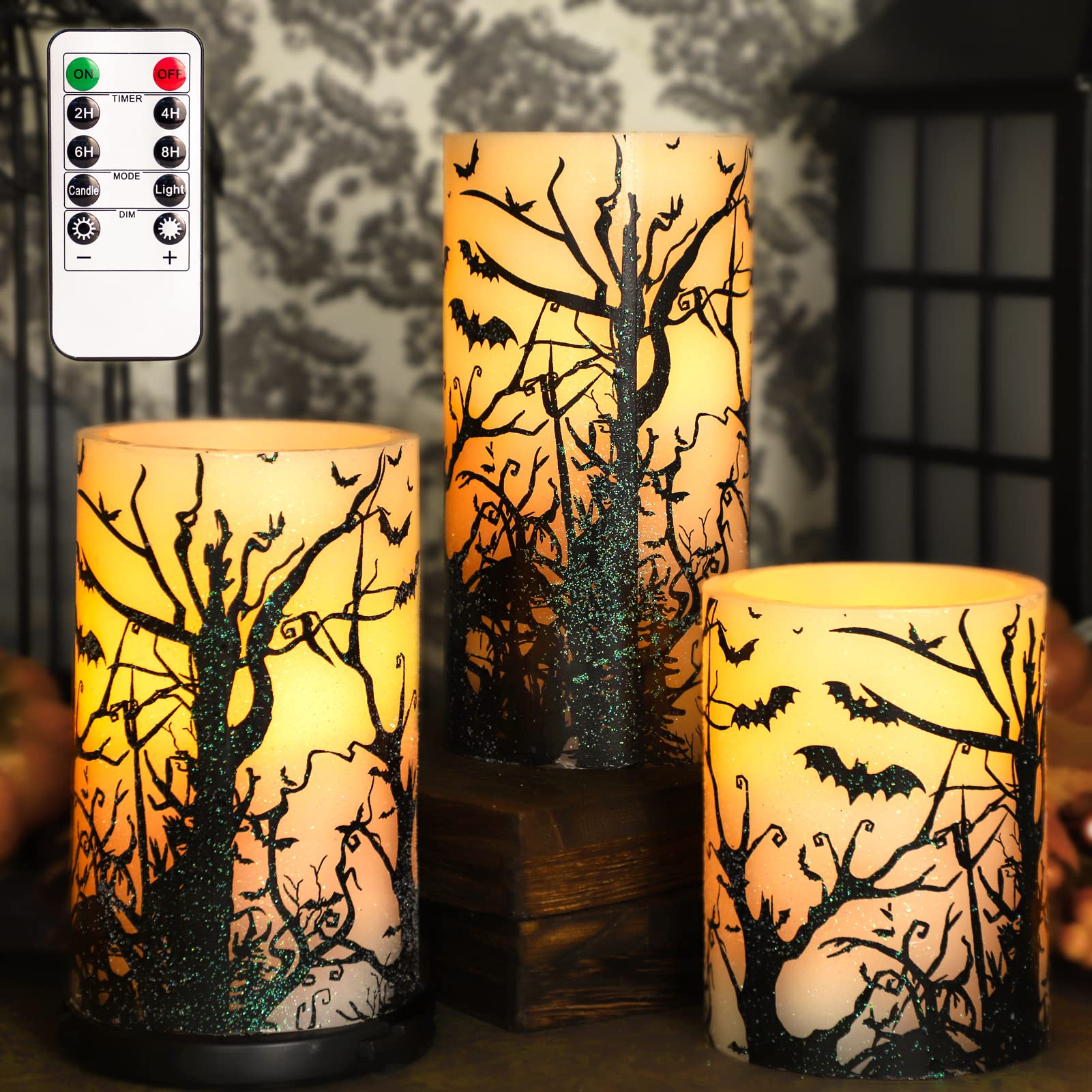 Flavcharm Halloween Decor Flameless Candles Set Of 3 Black Spooky Bats Decal Flickering Candles Battery Operated With Remote Rea