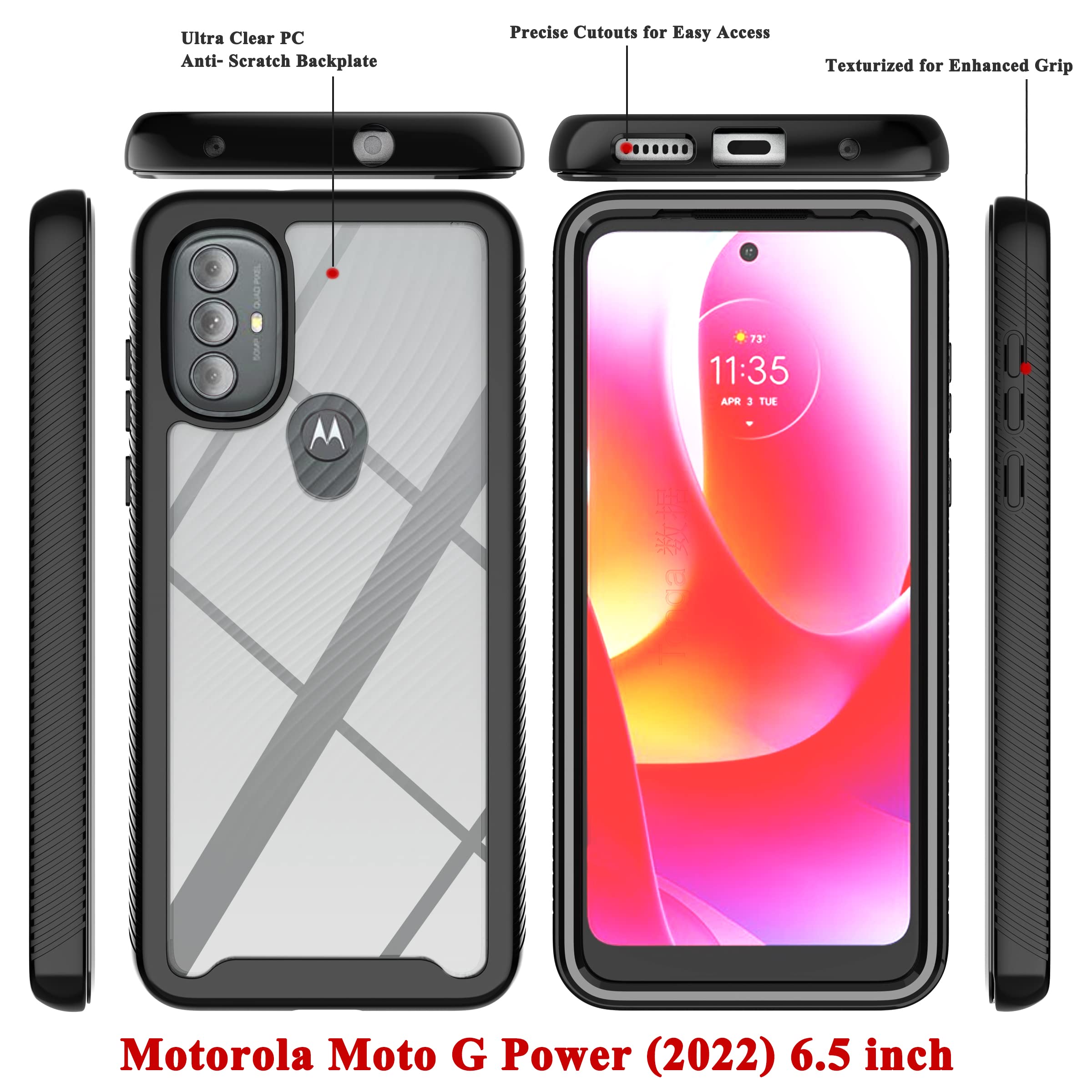 YmhxcY Phone Case for Motorola Moto G Power 2022 Full-Body Protective Shockproof Bumper PC TPU Clear Back with HD Screen Protector Black