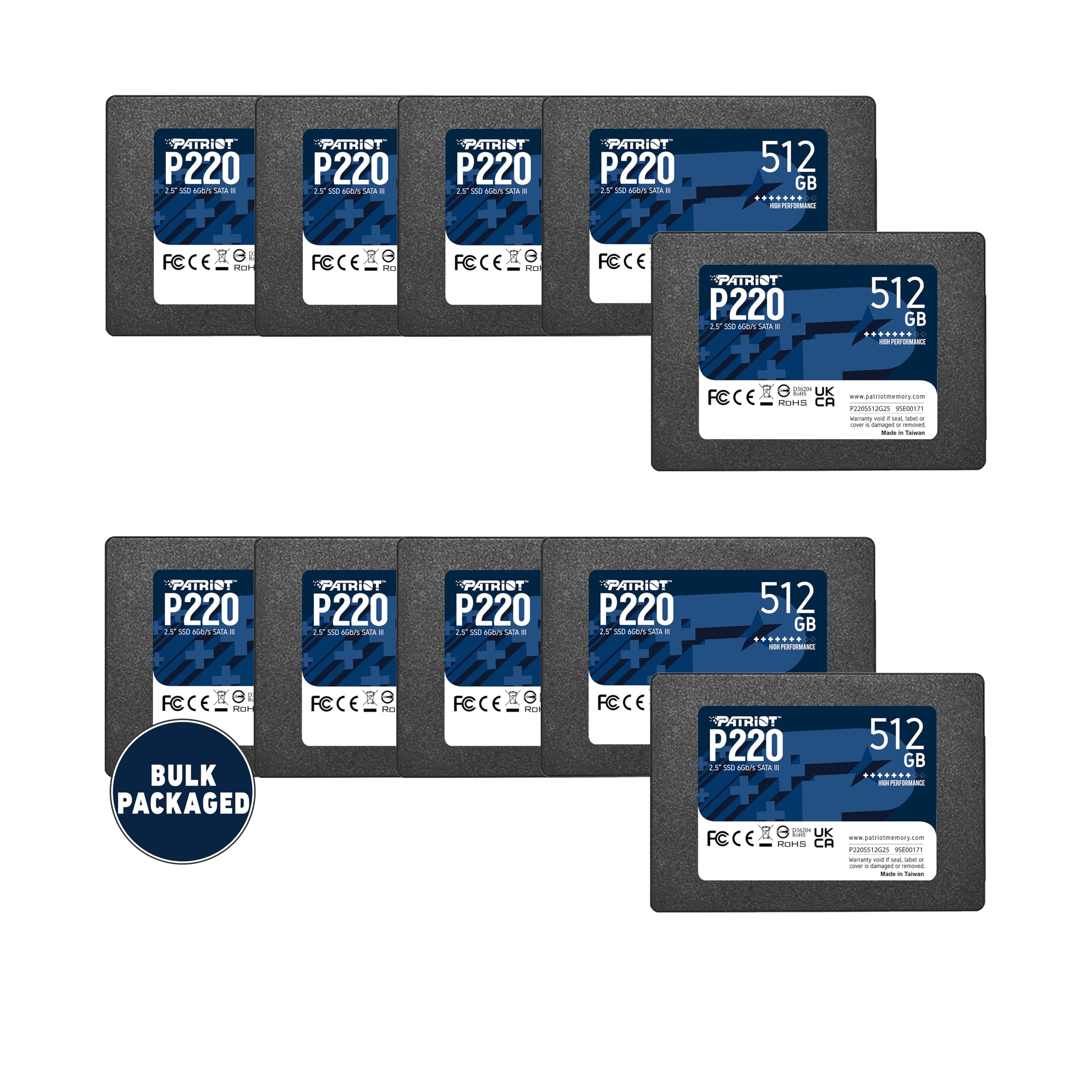 Patriot P220 512GB Internal SSD - SATA 3 2.5 - Solid State Drive Bulk 10 Pack - P220S512G2510B