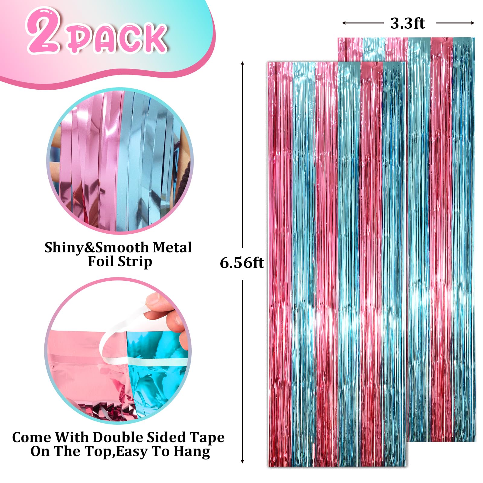 Voircoloria 2 Pack Blue And Pink Foil Fringe Backdrop Curtains, Tinsel Streamers Mermaid Party Decorations, Fringe Backdrop For