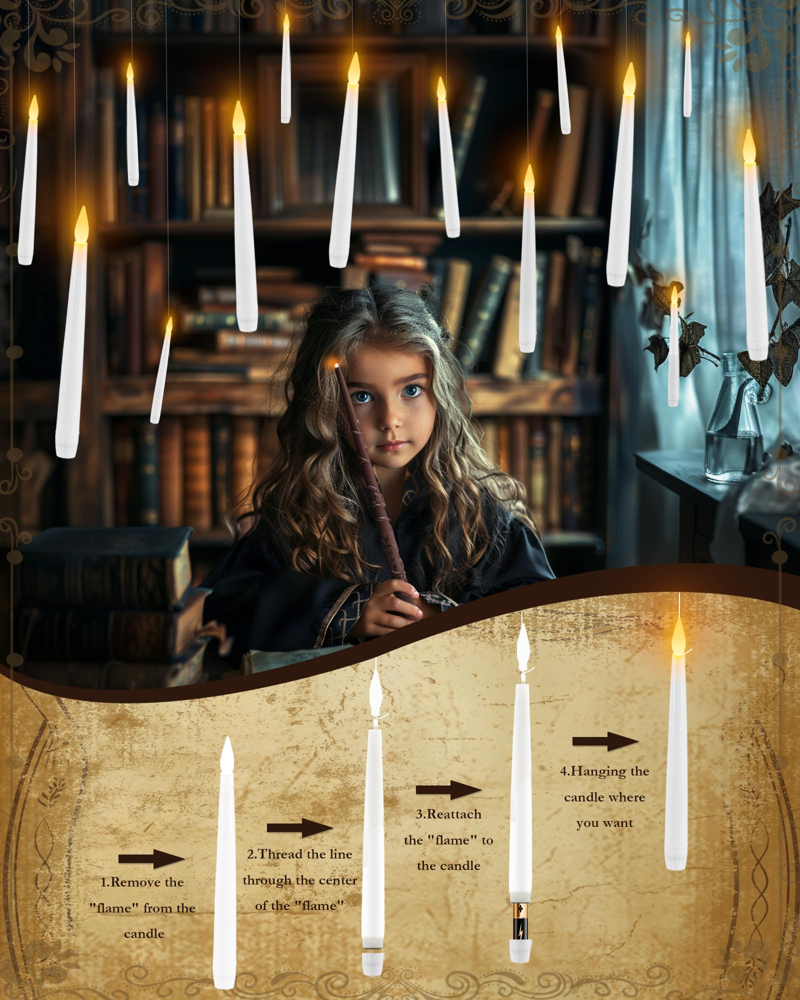 20 Pcs Floating Candles With Wand, Hanging Candles With Timer, Magic Deco Candles Flickering Warm Light, Flameless Taper Candles