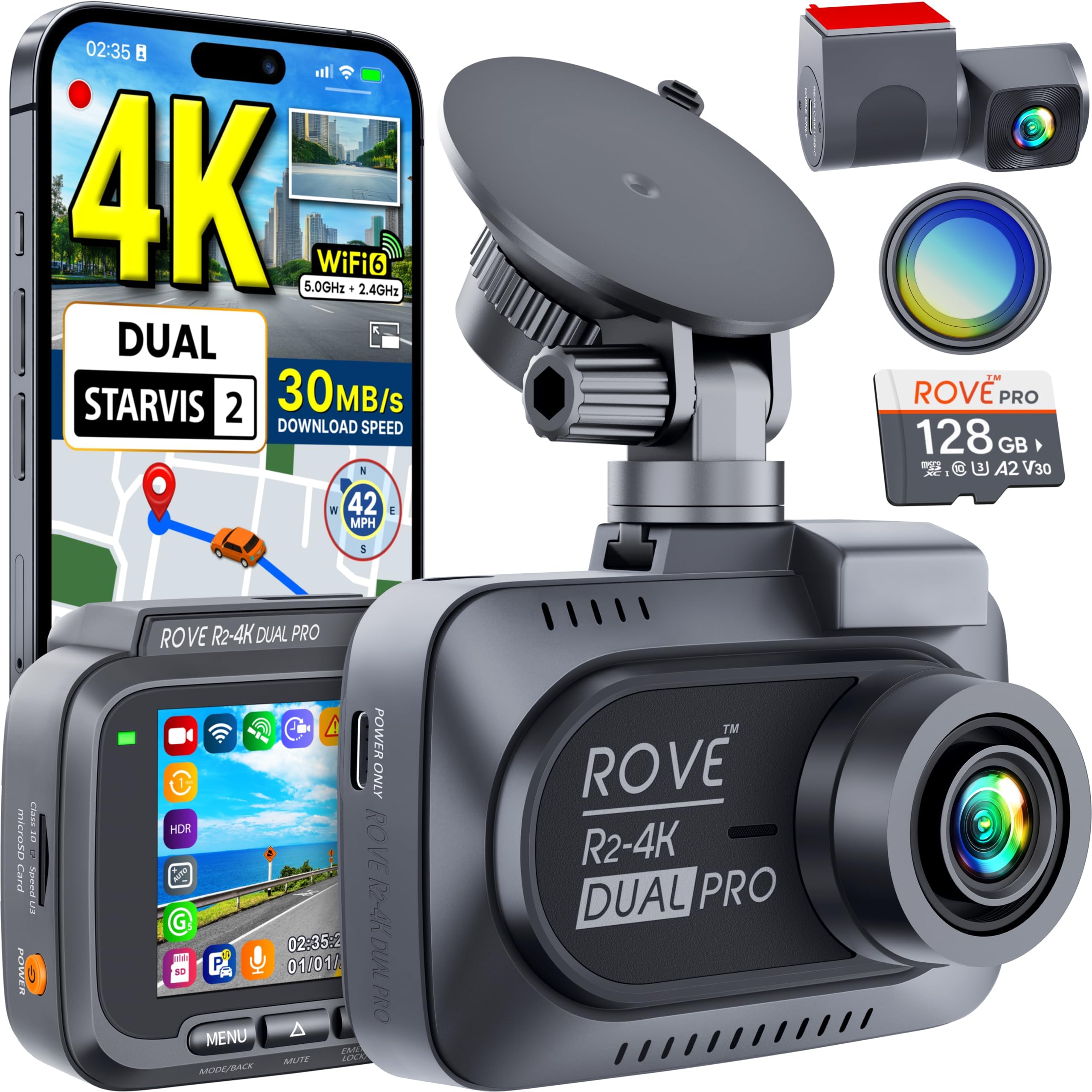 ROVE R2-4K Dual PRO Dash Cam Front and Rear, True 4K+2K Dash Camera for Cars, STARVIS 2 IMX678 + IMX675 Sensors, Free 128GB Card