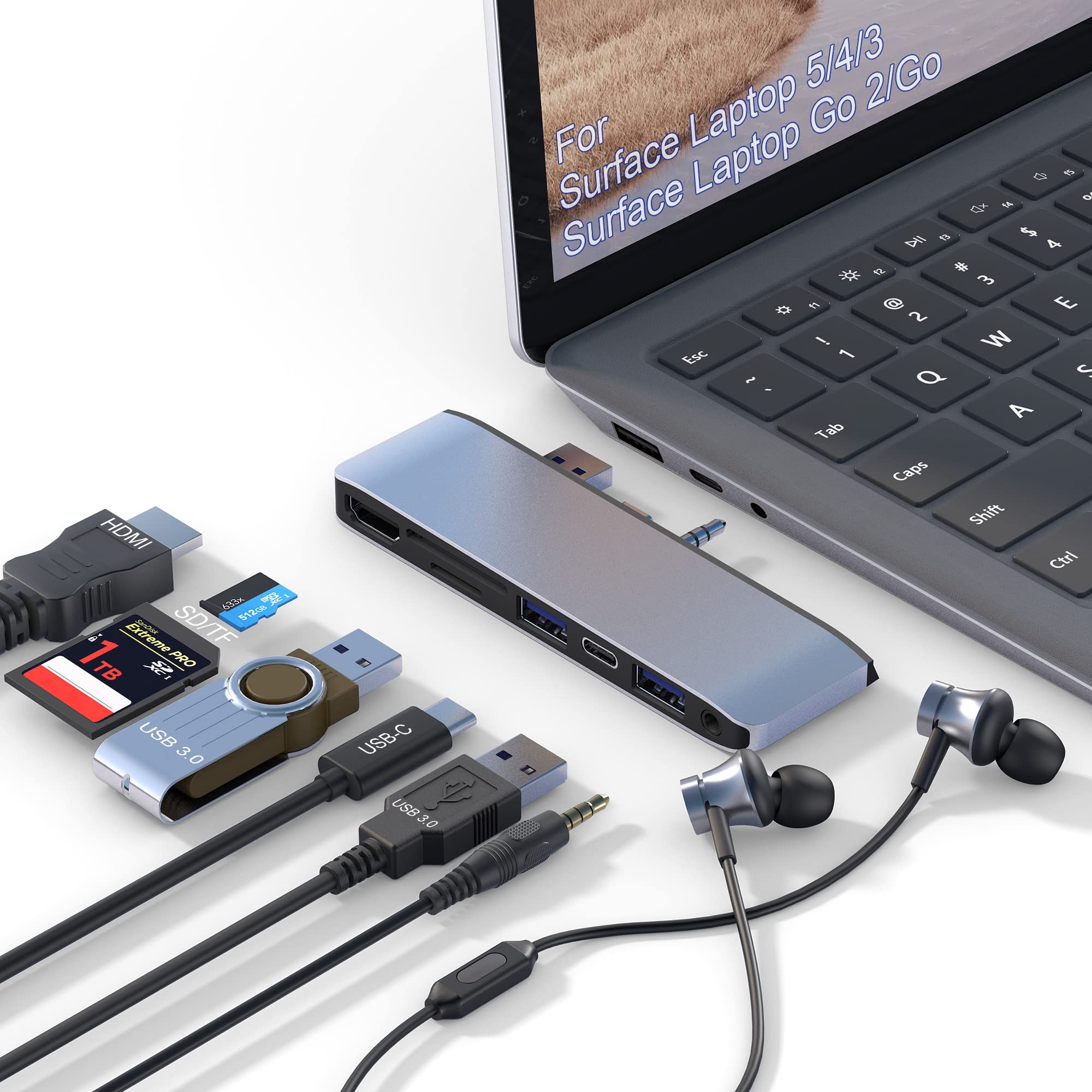 Surface Laptop 5/Laptop 4/Laptop 3/Laptop Go/Laptop Go2 Hub Docking Station With 4K@30Hz Hdmi +2*Usb 3.0 +Usb C +Sd Tf Card Slot