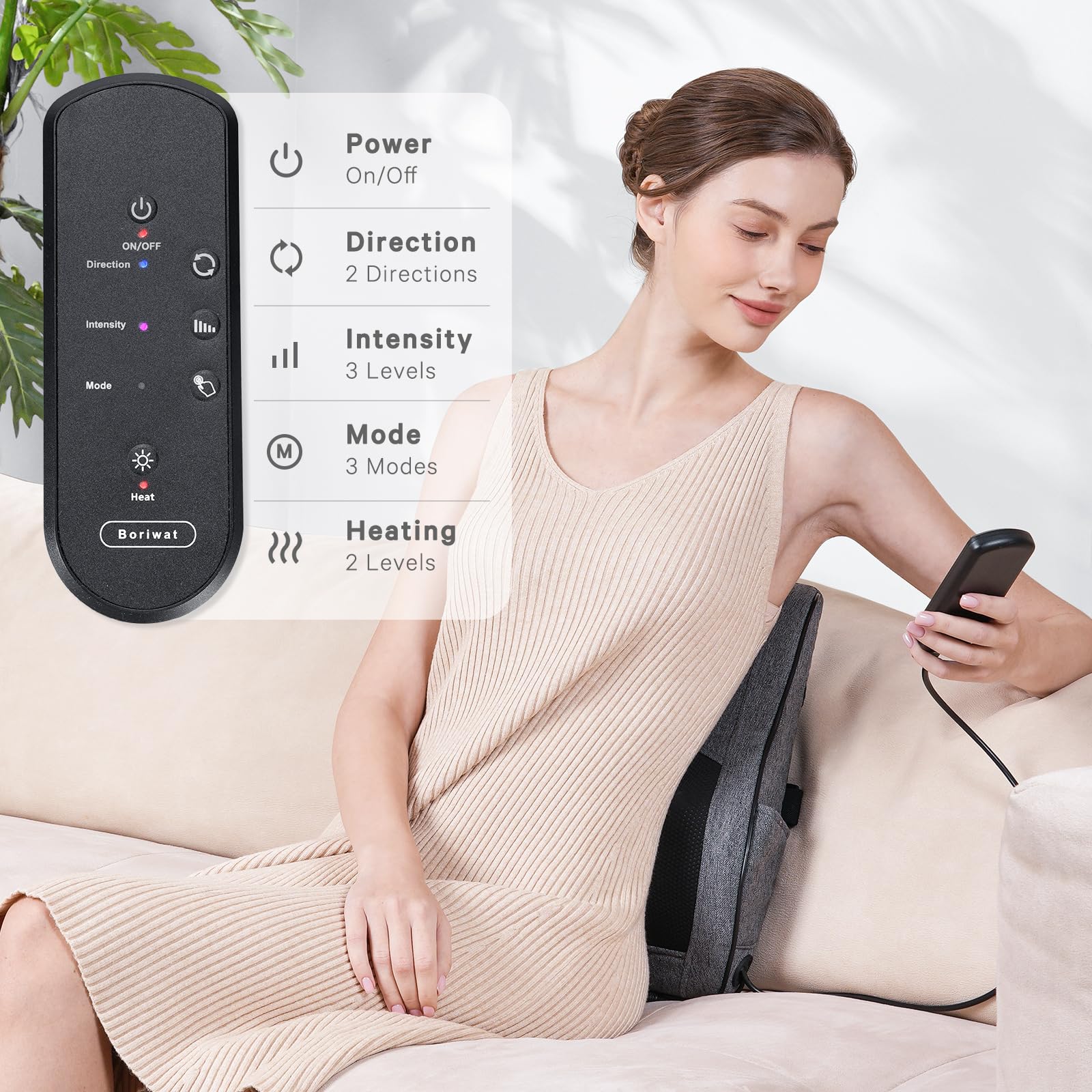 Boriwat Back Massager With Heat, Neck Massager For Pain Relief Deep Tissue, 3D Kneading Massage Pillow For Back, Neck, Shoulder,