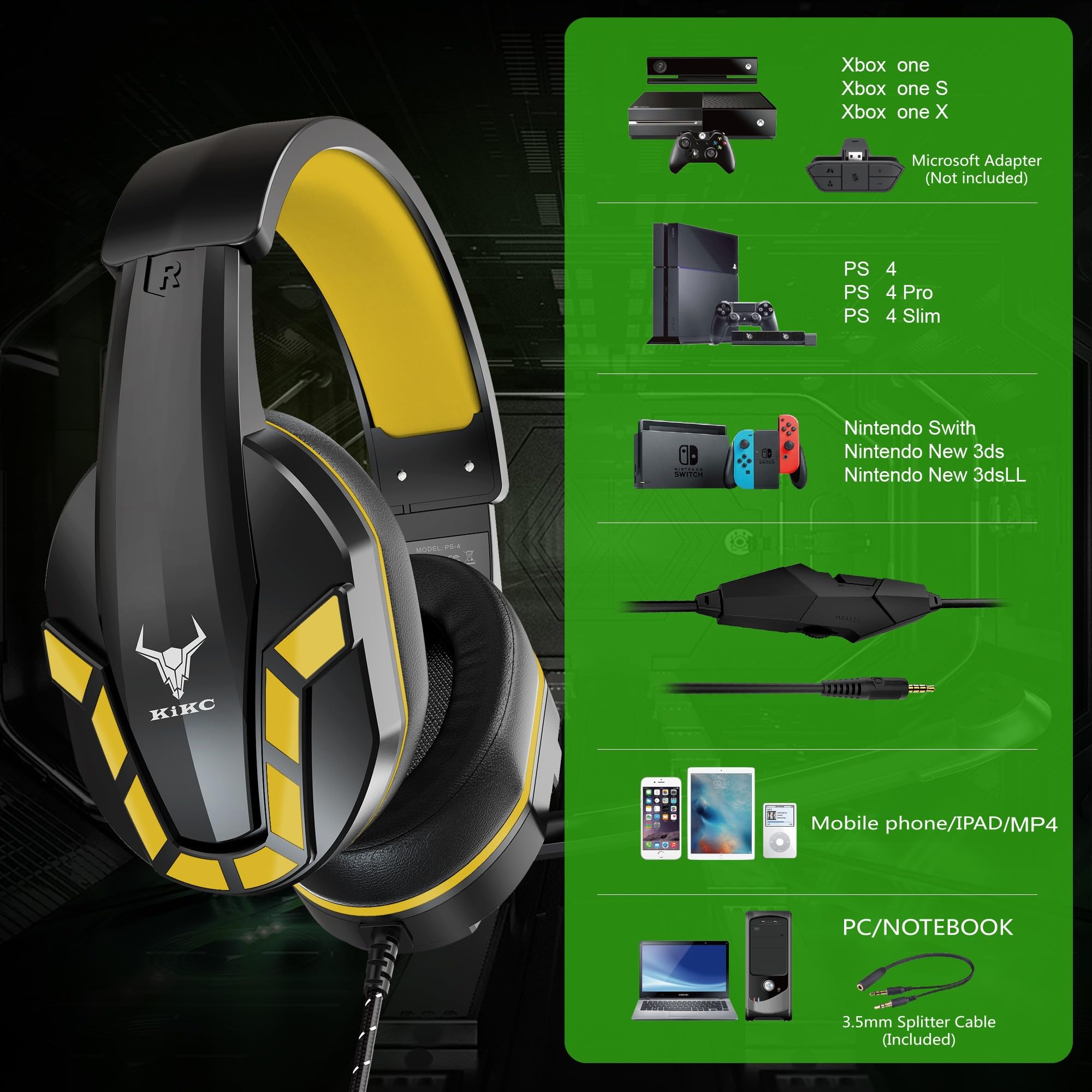 Kikc Ps4 Gaming Headset With Mic For Xbox One, Ps5, Pc, Mobile Phone And Notebook, Controllable Volume Gaming Headphones With So
