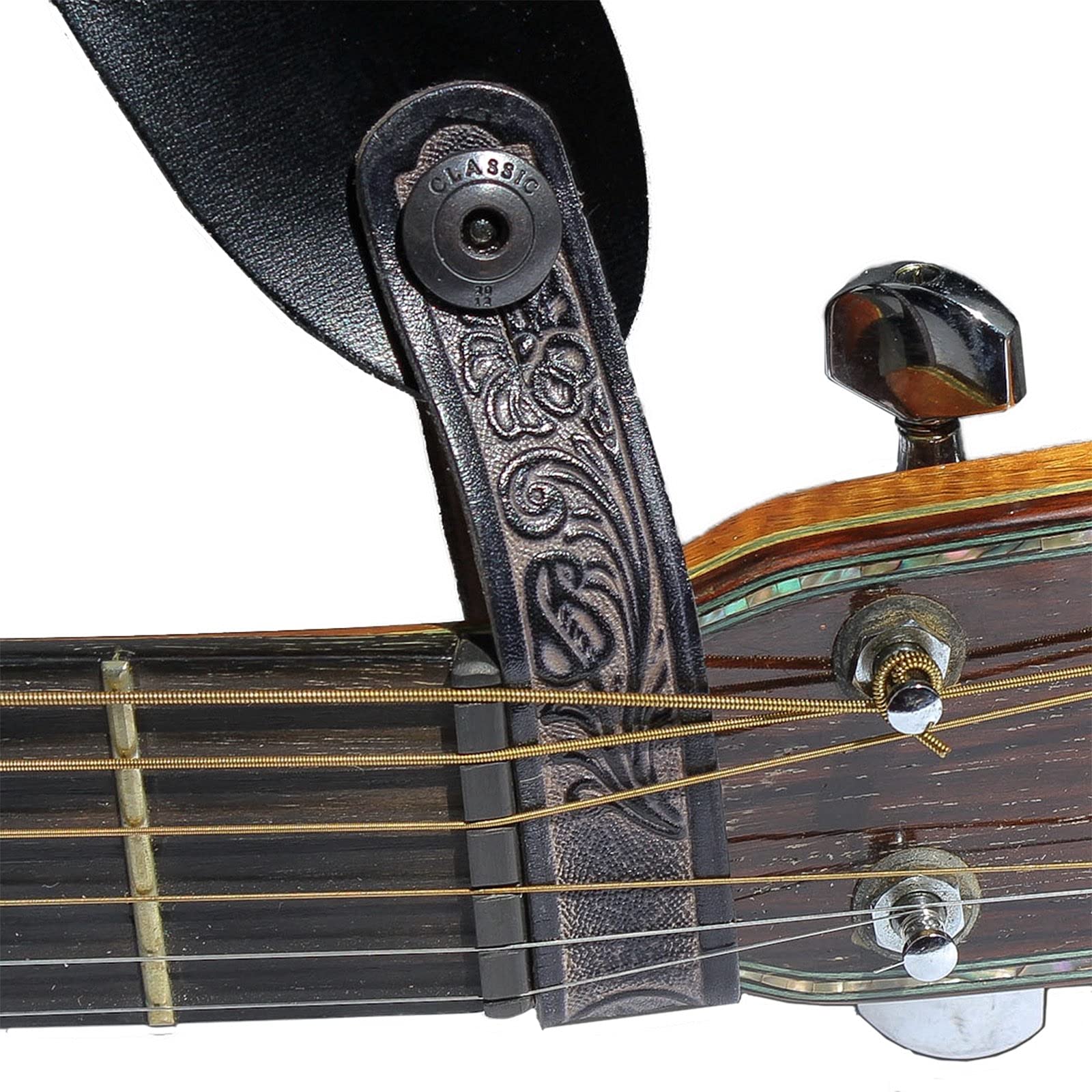 Walker & Williams At 2 Black Carving Leather Acoustic Guitar Strap Button Headstock Adaptor For Acoustic, Electric, And Bass Gui