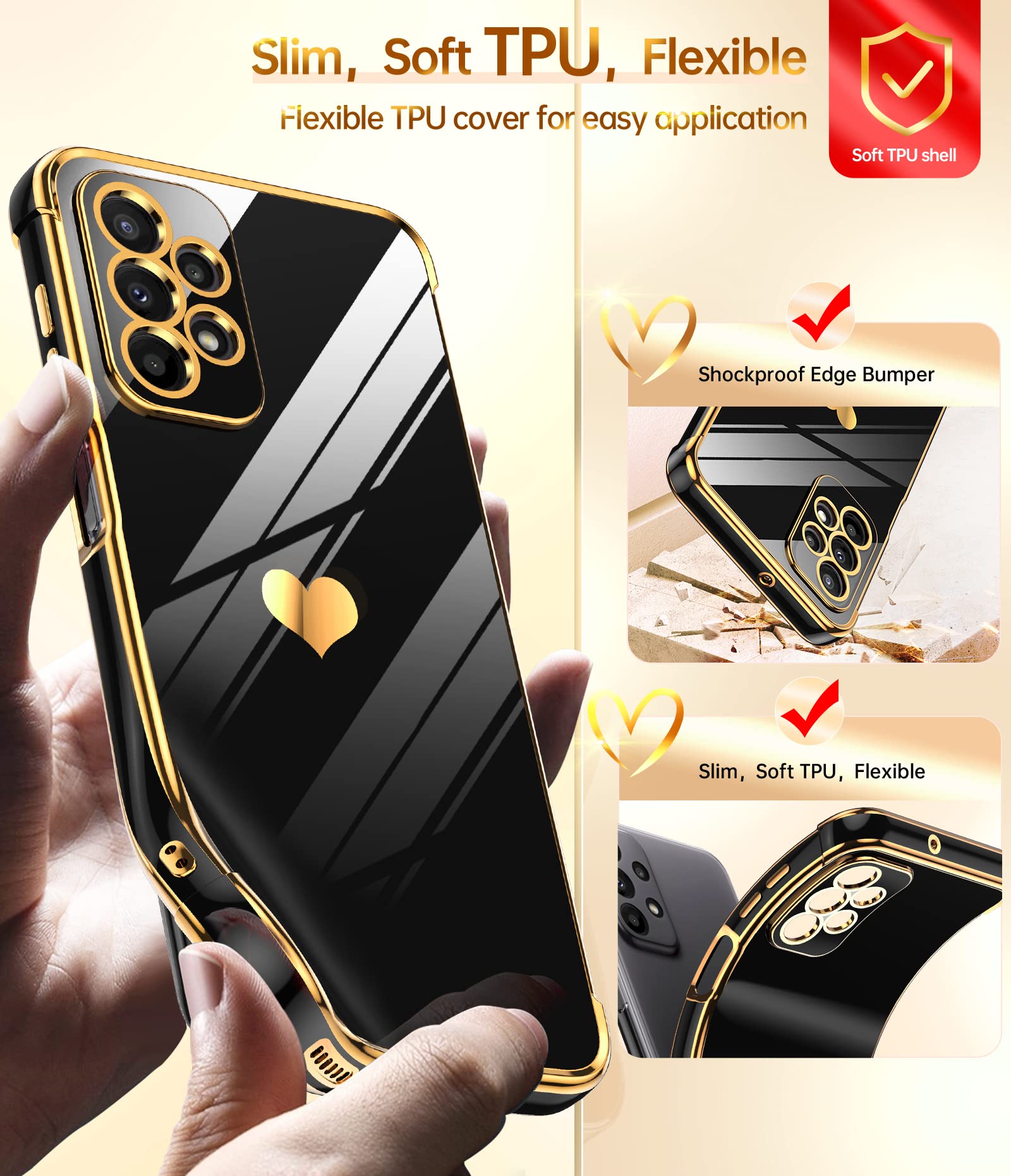 Leyi For Galaxy A23 5G Phone Case: With Screen Protector [2 Pcs]+ Full Camera Protection, Love Heart Plating Girly Women Cute Lu