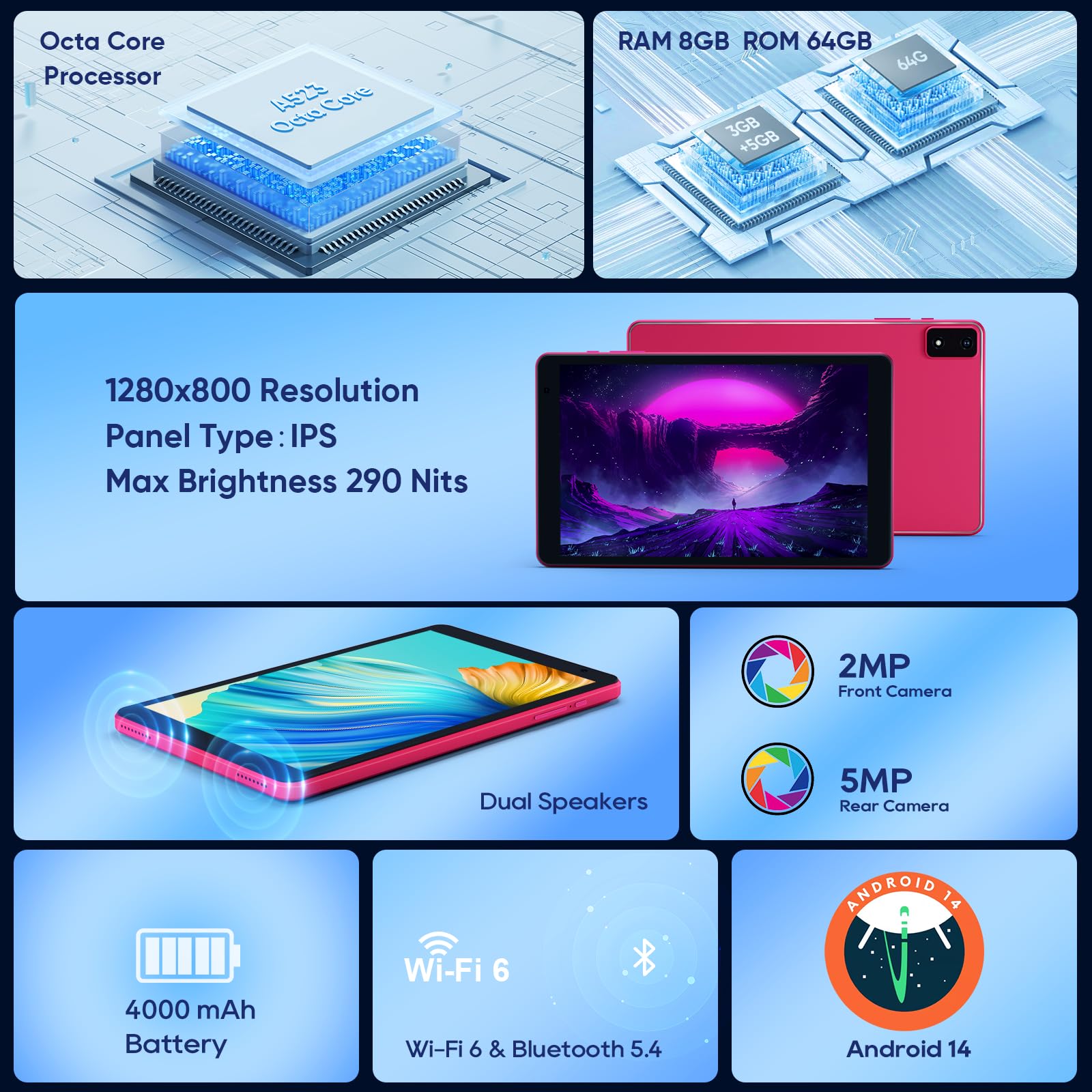 8 Inch Tablet, 2 Years Protection Metal Body Octa Core Processor Android 14 Tablet , 8(3+5)Gb Ram, 4000Mah Battery, 64Gb Storage