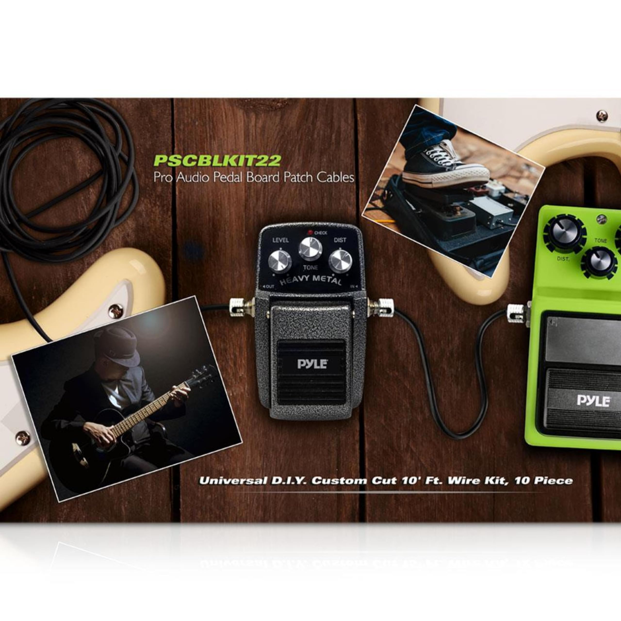 Pyle Pro Audio Pedal Board Patch Cables Universal D.I.Y Custom Cut Feet Wire Kit, Right Angle Low Profile 1/4'' Connectors, Perf