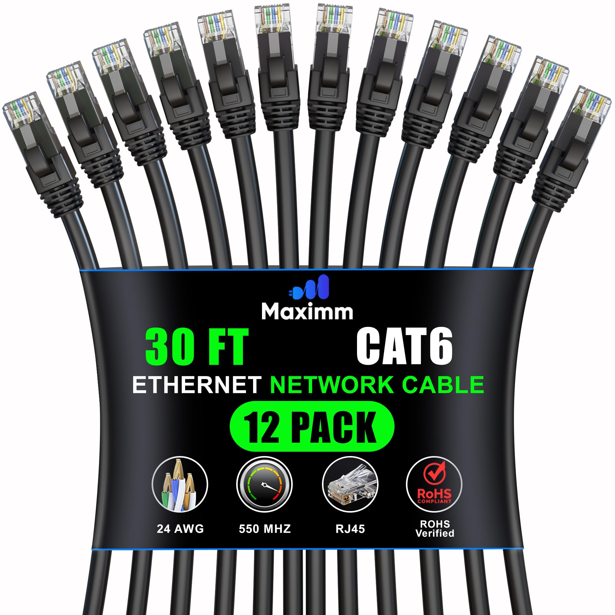 Maximm Cat 6 Ethernet Cable - 30 ft (12-Pack), High-Speed LAN, Internet, Patch, and Network Cable - UTP, 10Gbps, 550MHz - Black
