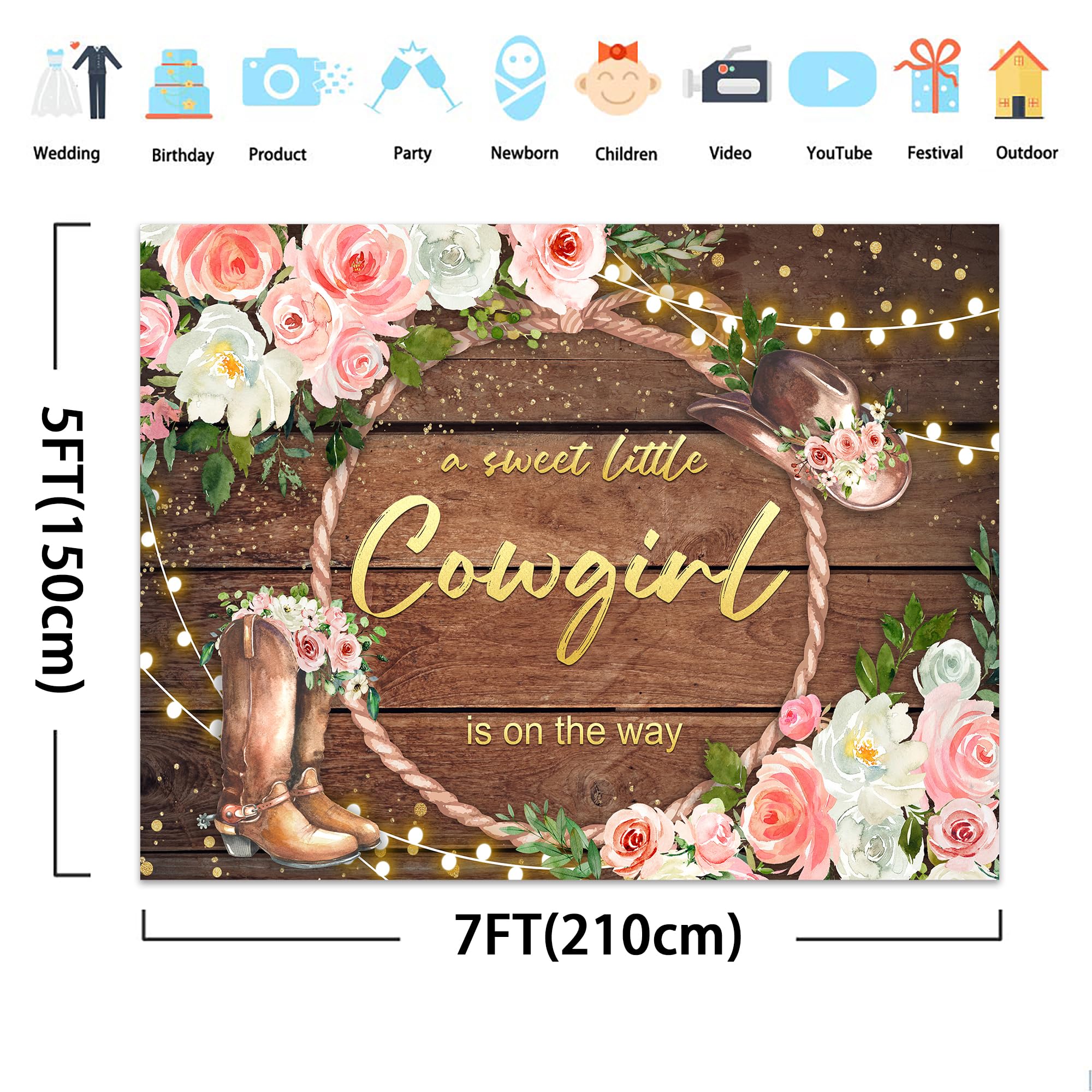 Svbright Western Cowgirl Baby Shower Backdrop 7Wx5H Rustic Country Rural Wood Board Plank Pink Floral Retro Bohemian Hat Plant B