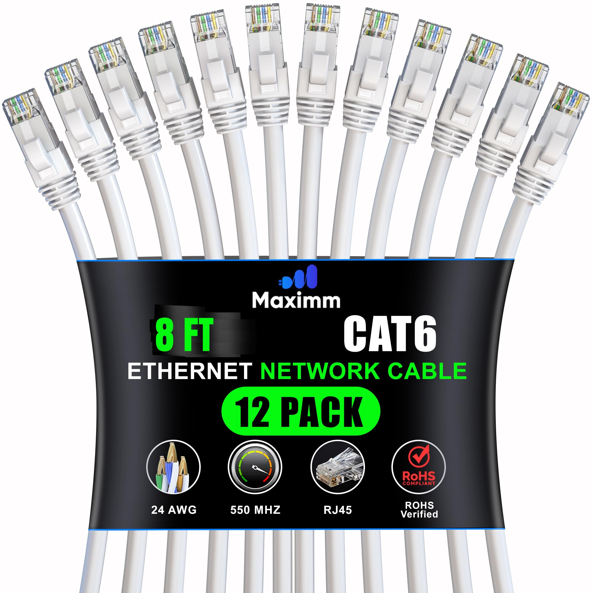 Maximm Cat 6 Ethernet Cable 8 Ft (12 Pack)   High Speed Lan Cable, Internet Cable, Patch Cable, And Network Cable   Utp, 10Gbps, 550Mhz Ethernet Cord   White