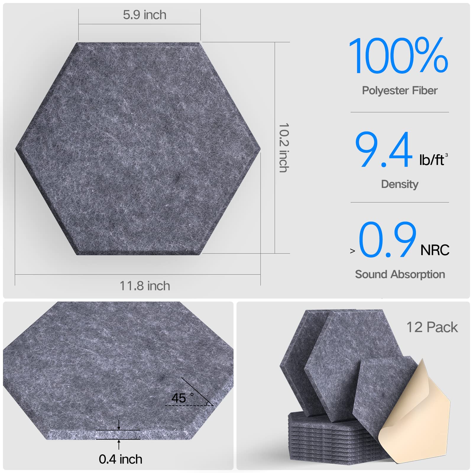 Dailycooper 12 Pack Self Adhesive Acoustic Panels 12'' X 10'' X 0.4''   Sound Proof Foam Panels With High Density, Stylish Hexag