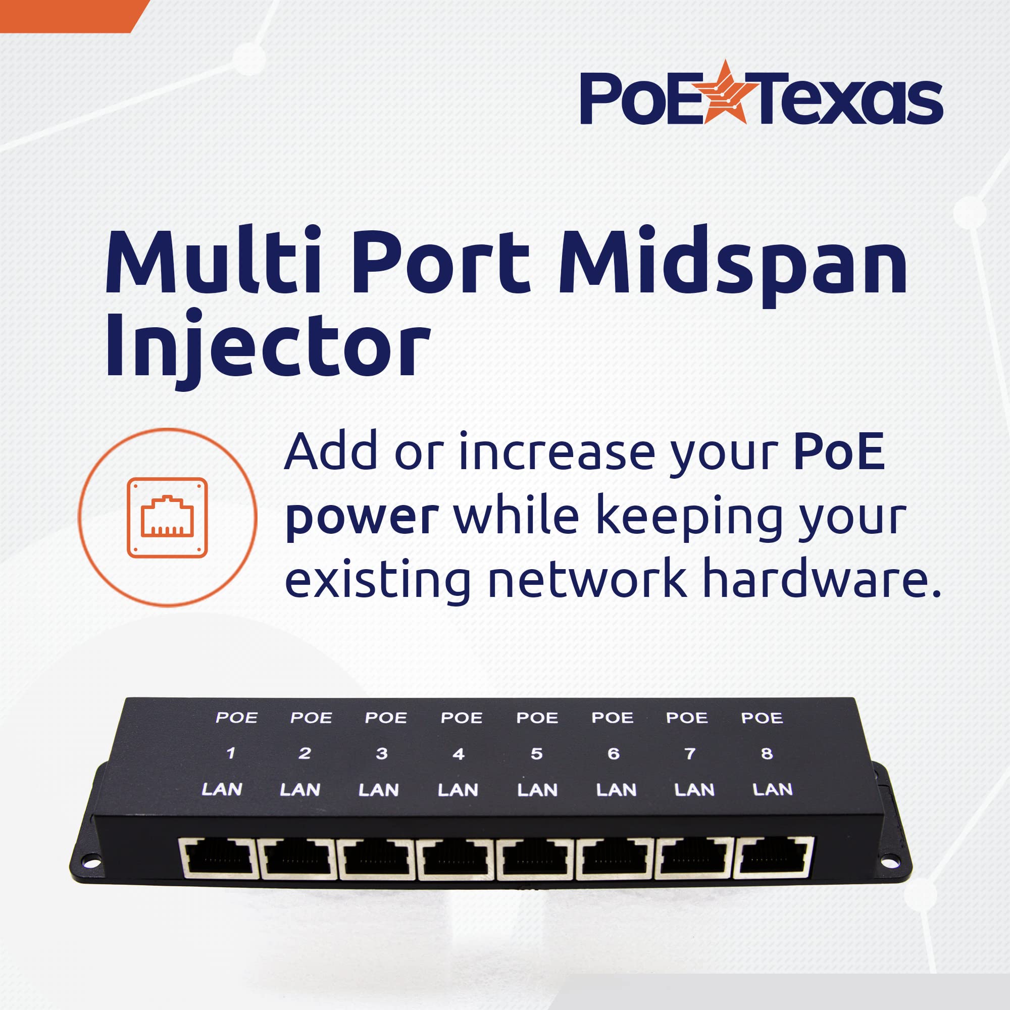 Poe Texas 8 Port Poe Injector   8 Port Poe Adapter   Add Power Over Ethernet For Passive Devices   10/100 Data Rate For Ptz, Ip Camera Video Security System, Voip Phone, Wifi Access Point (Poe 8 Enc)