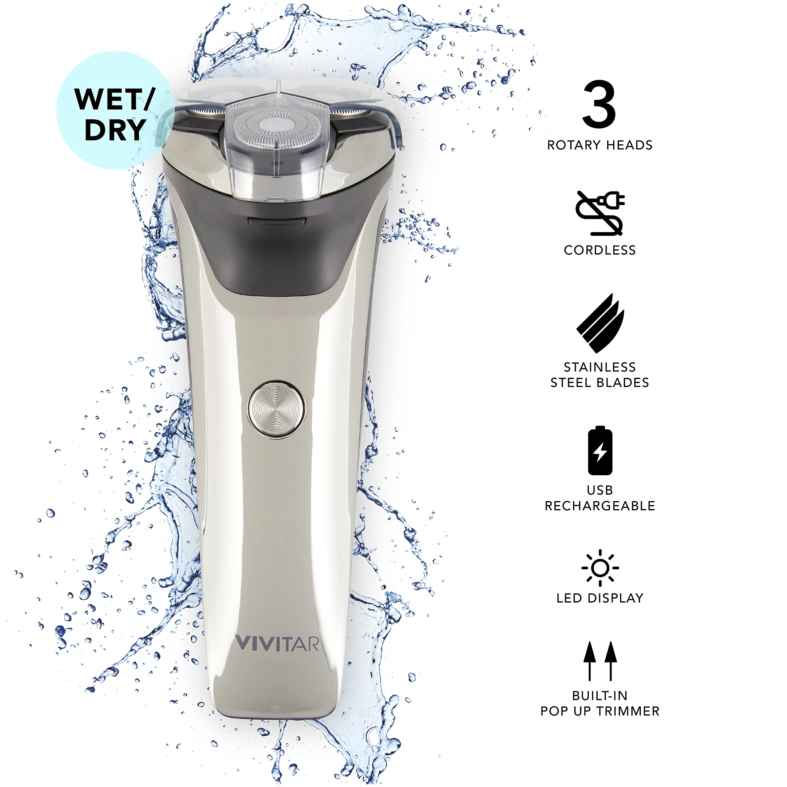 Vivitar Metallic Cordless 3 Head Rotary Shaver, Cordless Electric Rotary Shaver For Men With Three Independently Floating Heads,
